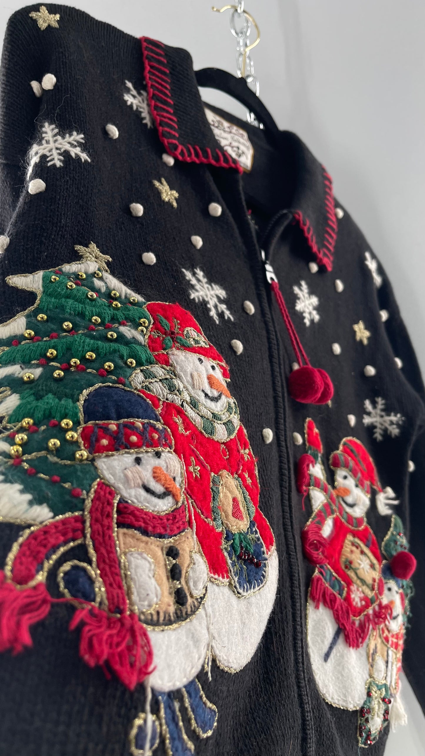 Vintage Reworked Urban Outfitters Heirloom Christmas Cardigan with Festive Snowmen Embroidery, Snowflakes, Christmas Tree and PomPom Zipper Detail (S)