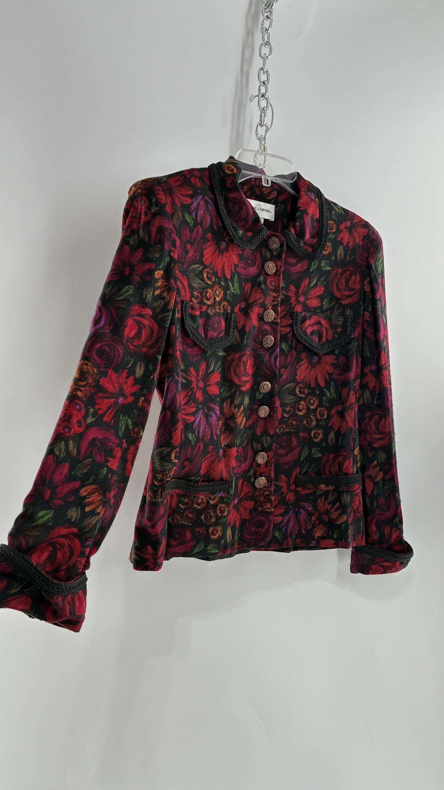 Vintage Suit Set with Gold Button, Deep Floral Blazer and Pleated Upcycled Mini Skirt (6)