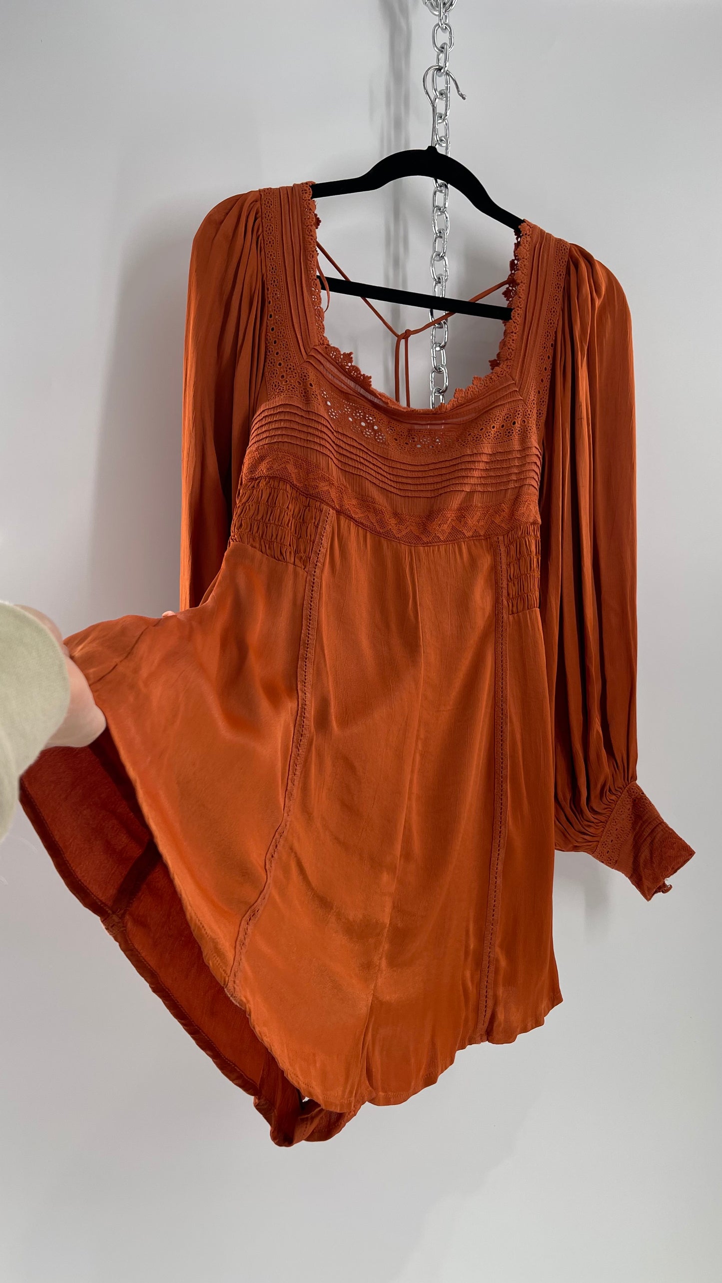 Free People Silky Orange Romper with Buttoned Sleeve Cuffs, Balloon Sleeves and Pleated Lace Bust (2)