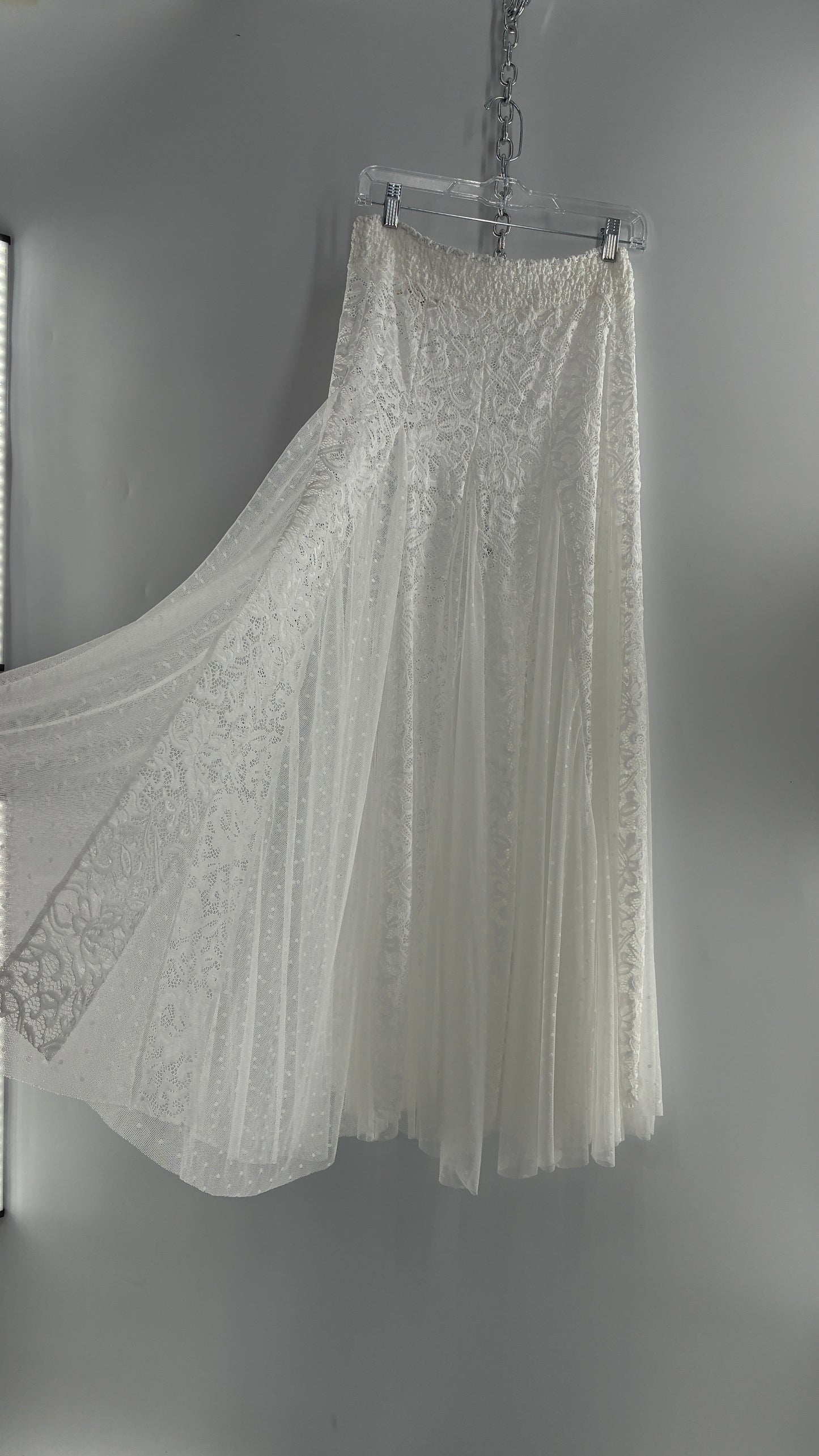 Intimately Free People White Lace and Polka Dot Mesh Voluminous Full Length Skirt (Medium)