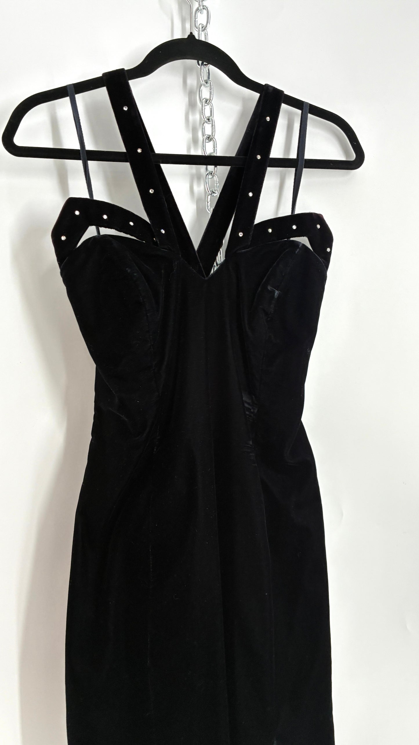 Vintage Handmade Velvet Gown with Pointed Bust Lined in Rhinestones and Dramatic Side Slit (S/M)