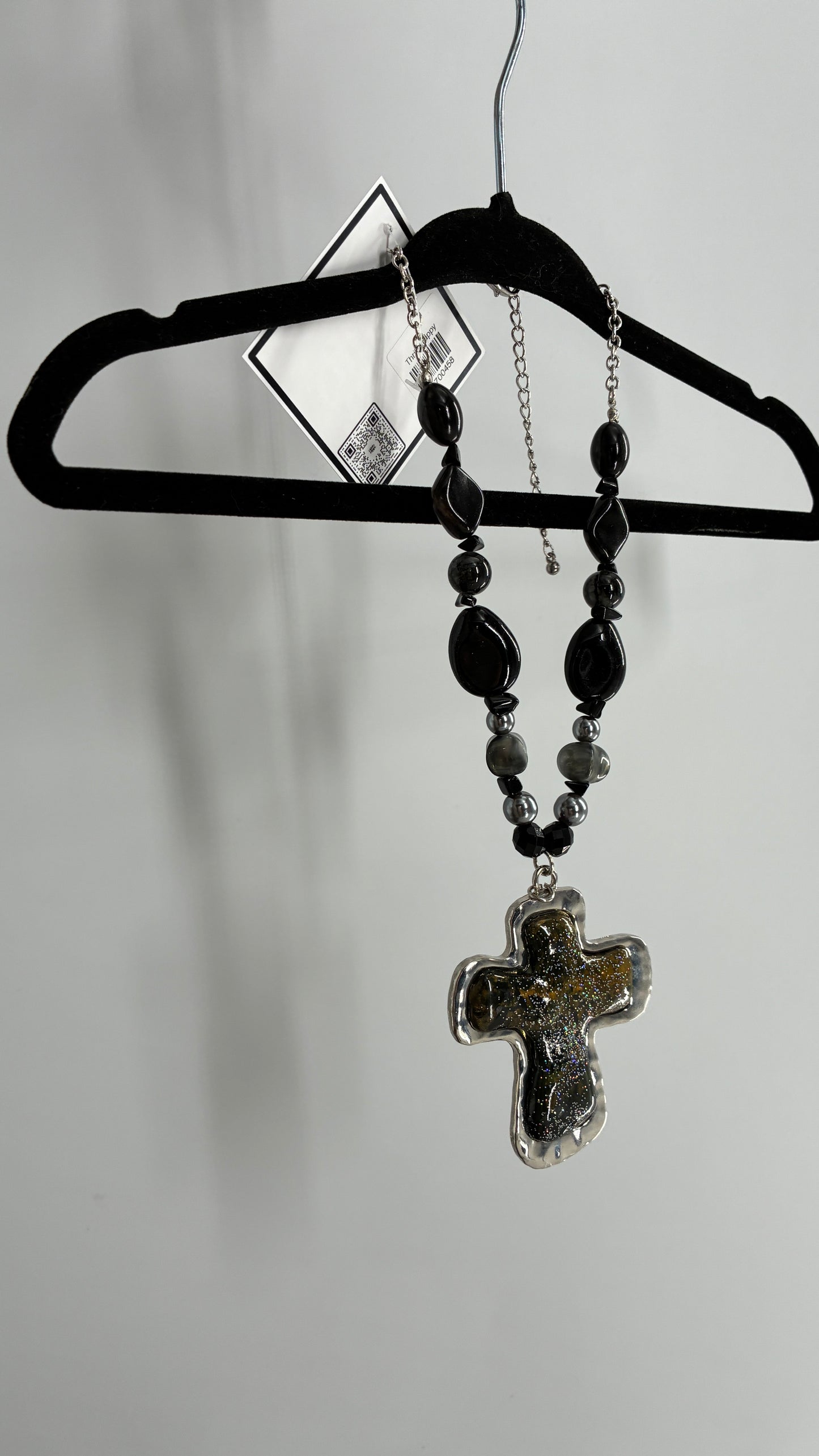 Vintage 1990s Beaded Black Necklace with Iridescent Glitter Cross