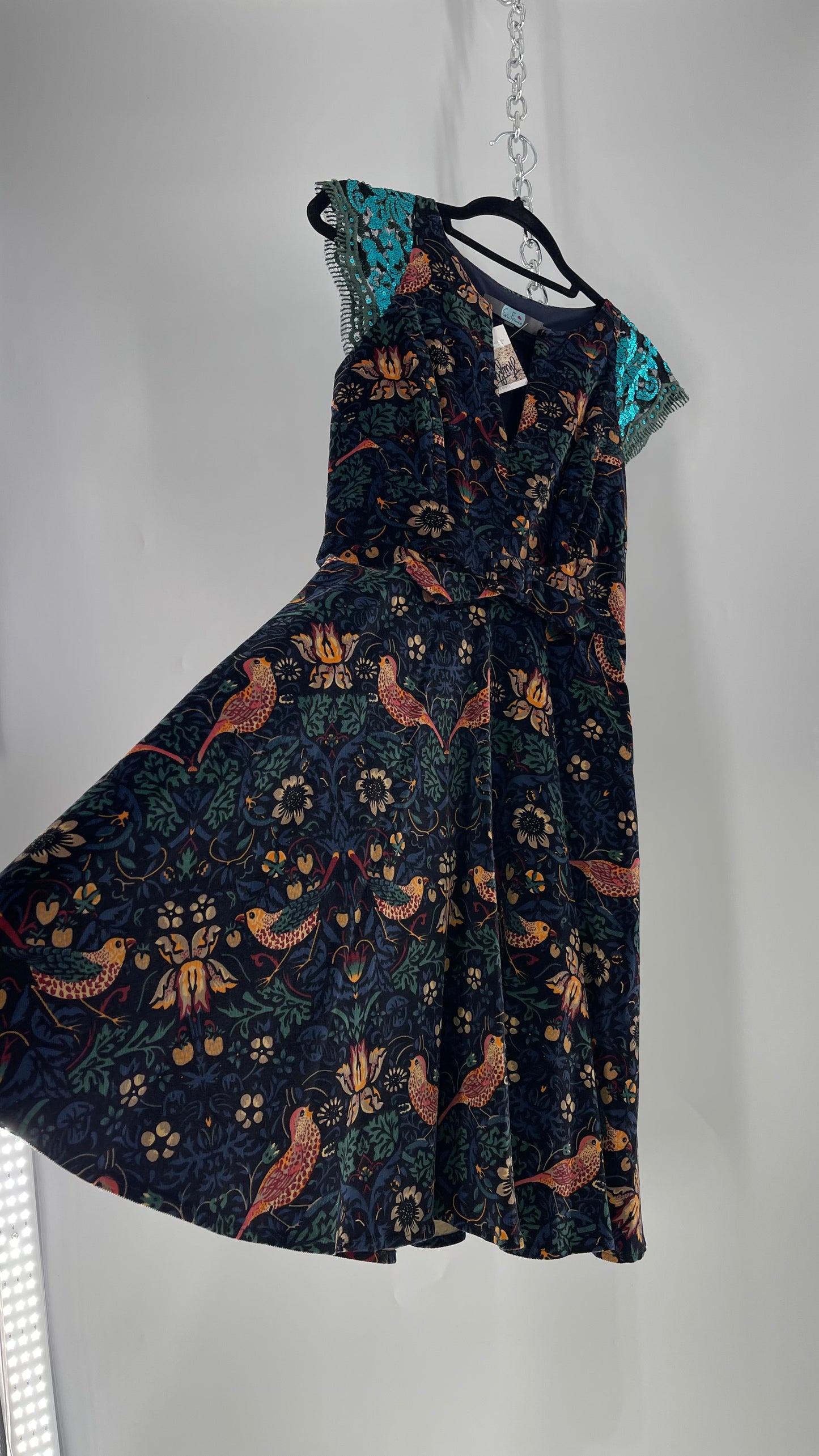 Anthropologie Eva Franco Corduroy Floral Bird Tapestry Print Dress with Sequin Cap Sleeves (4)