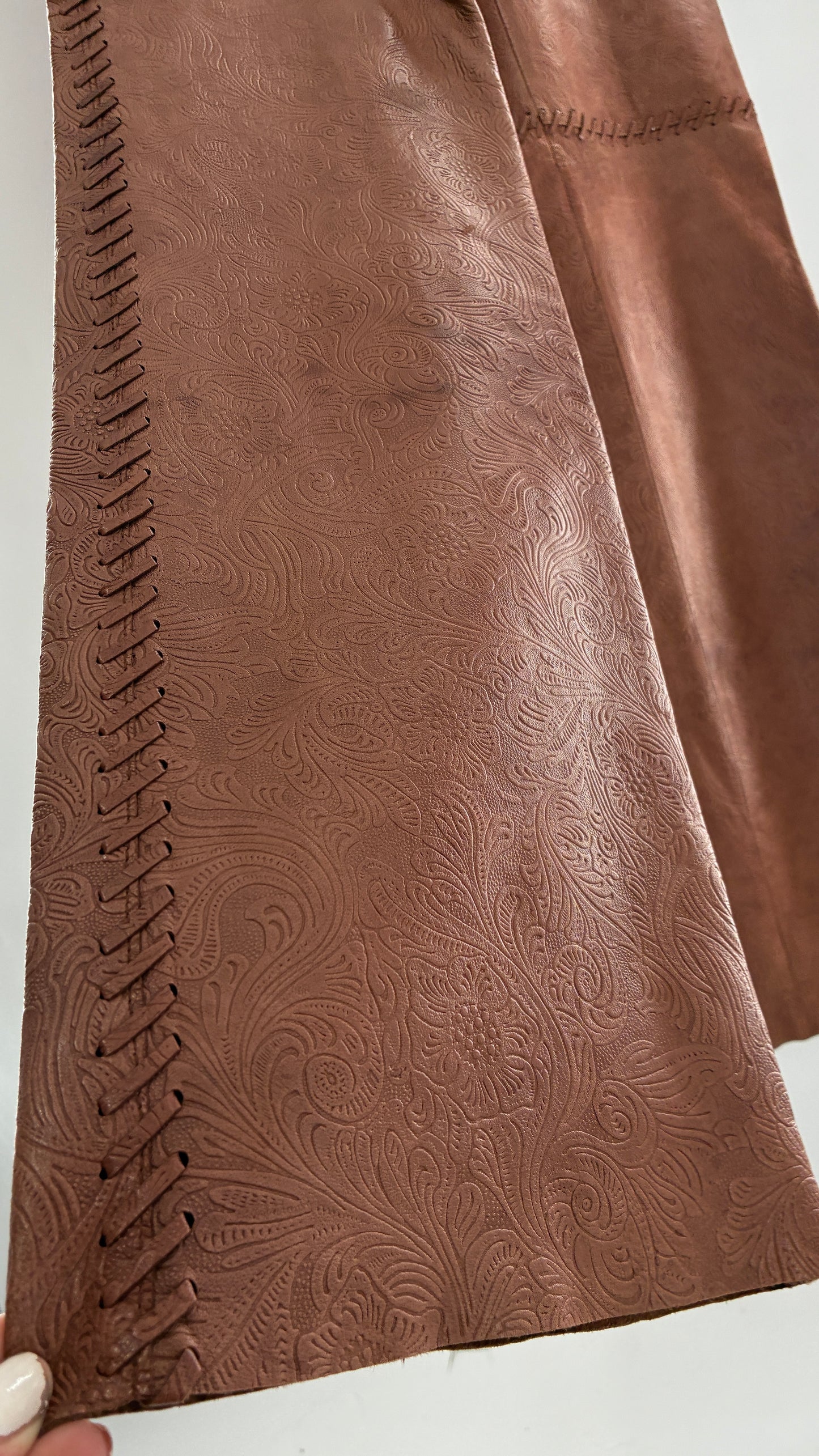 Vintage Embossed Paisley Patterned Genuine Leather Pants with Stitching Details (No Label Unbranded, S)