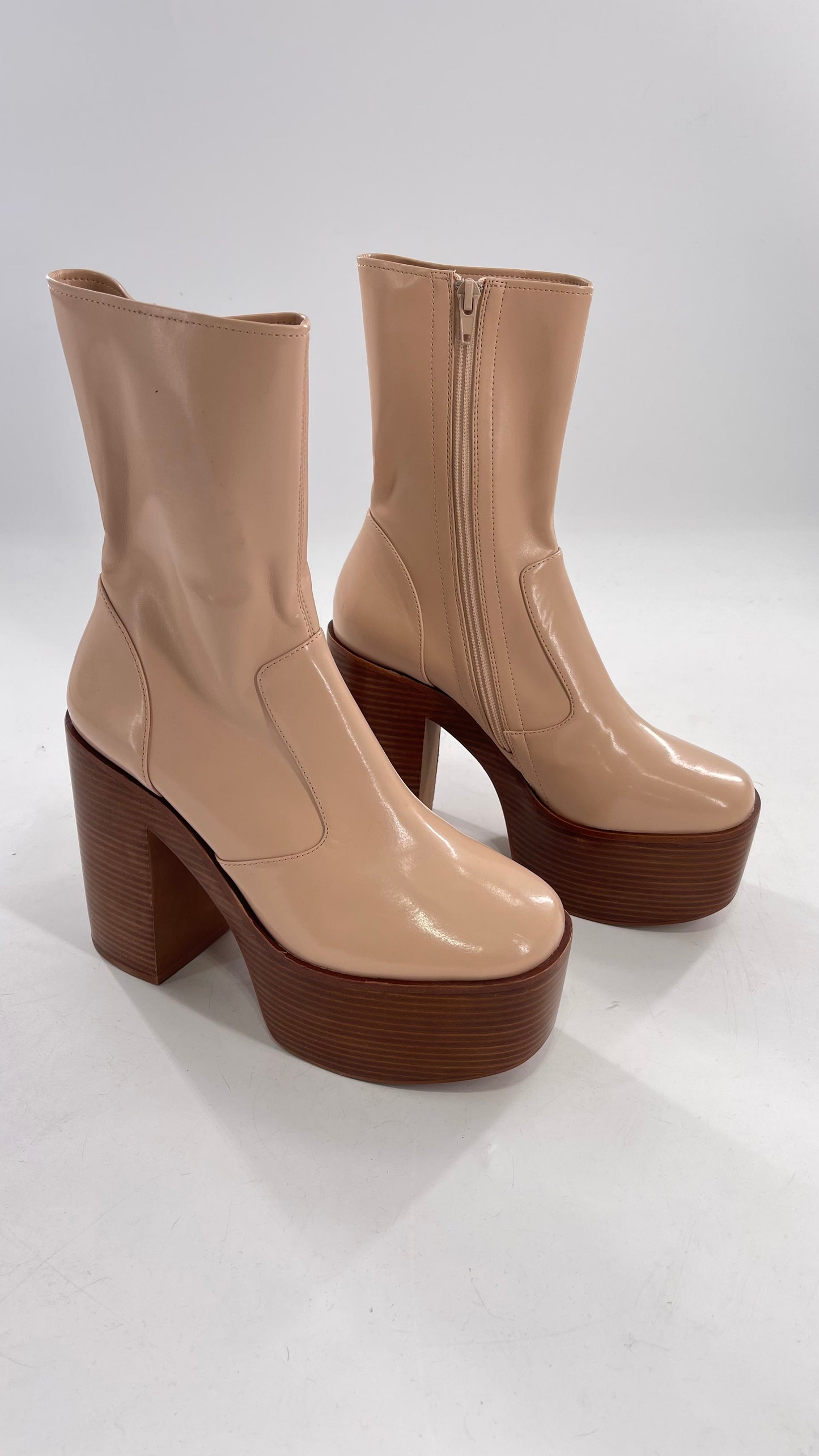 Free People X Jeffrey Campbell Mexique GoGo Boots • Beige Patent Boot with Wood Grain Chunky Block Heel and Platform (9)