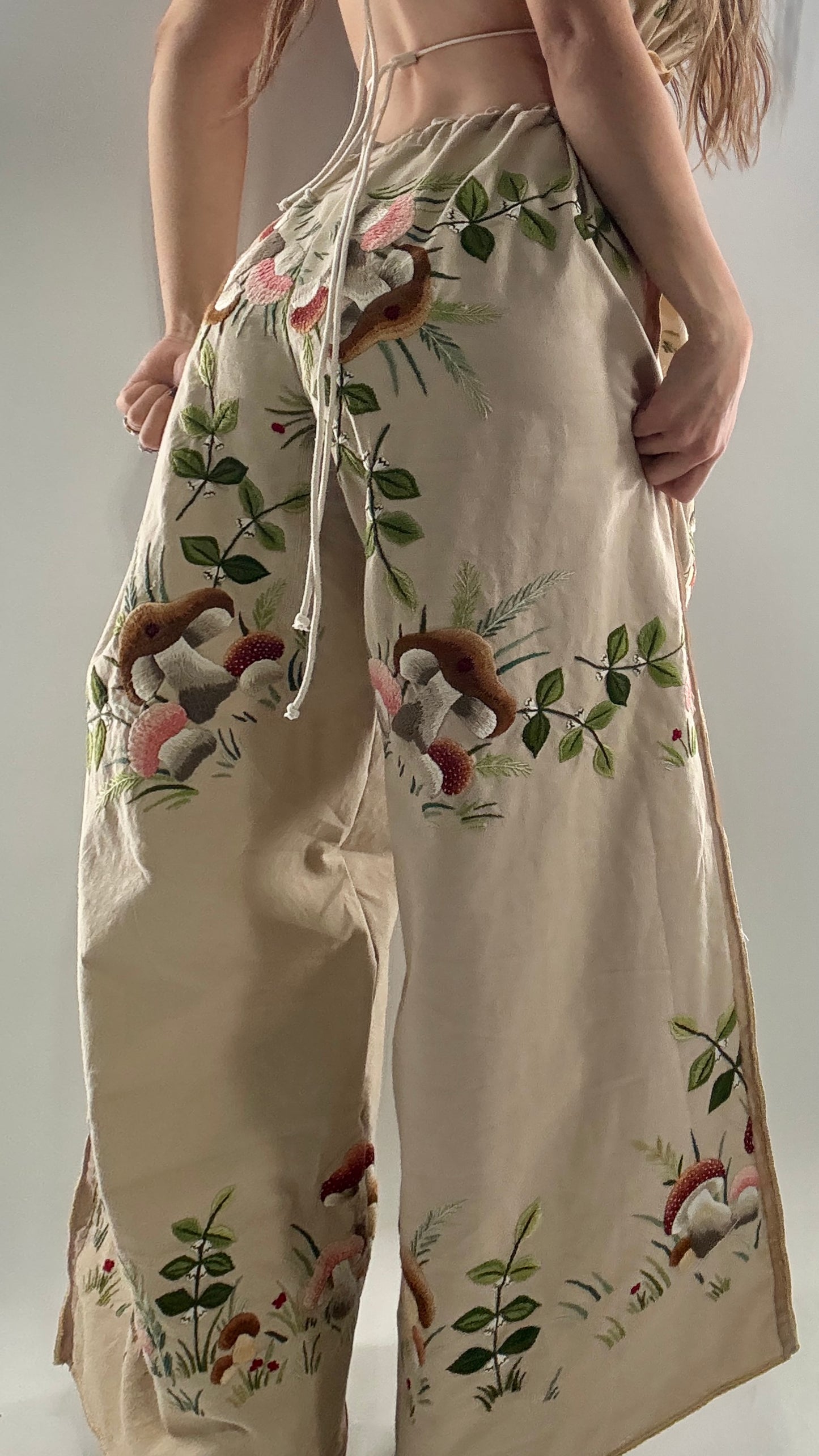 Vintage Custom Handmade and Hand Embroidered Two Piece Set with Mushrooms, Vines, and Ladybugs (XS-L)
