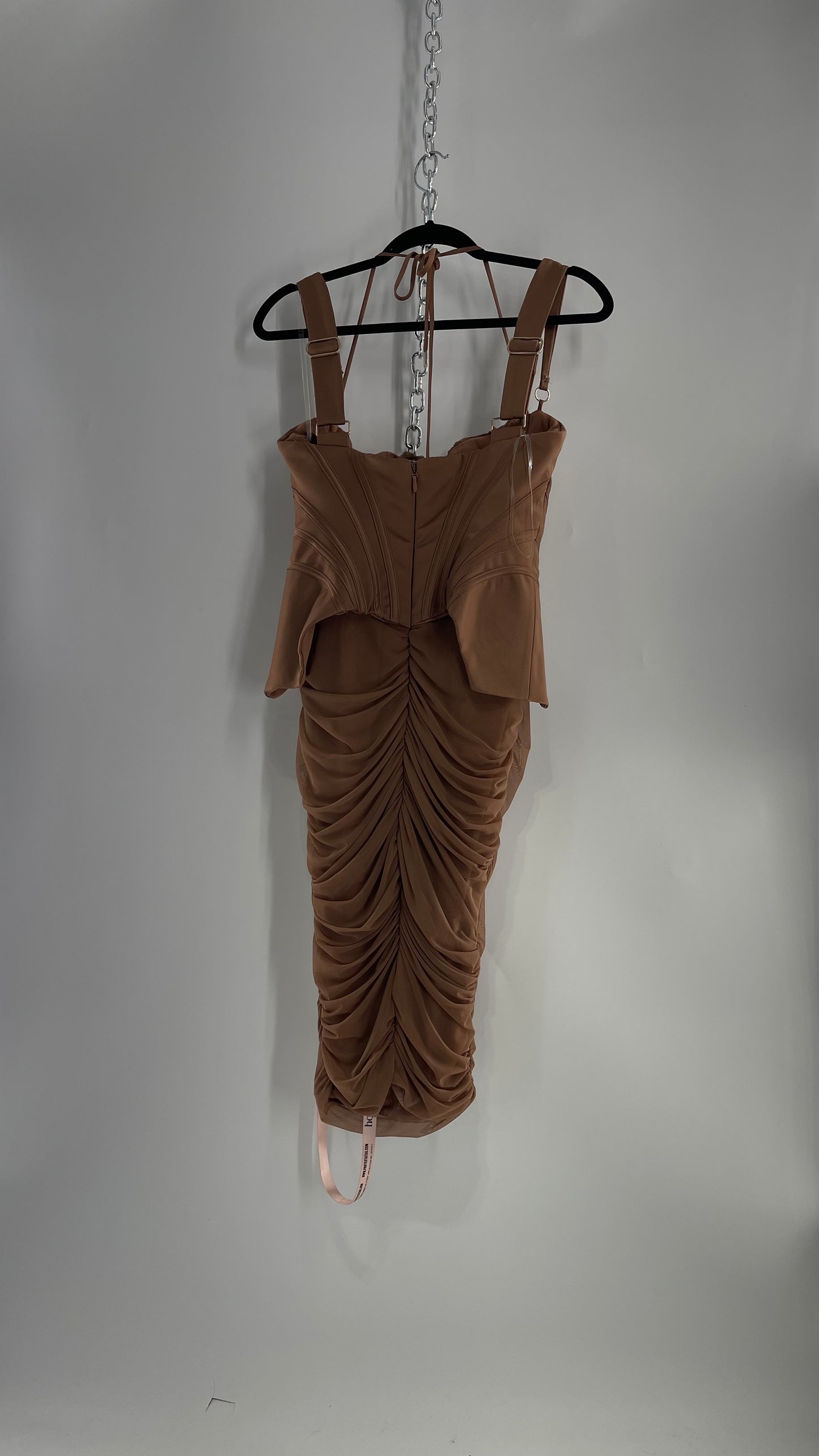 House of CB Talya Toffee Satin Corset Midi Dress with Ruched Skirt (Medium)
