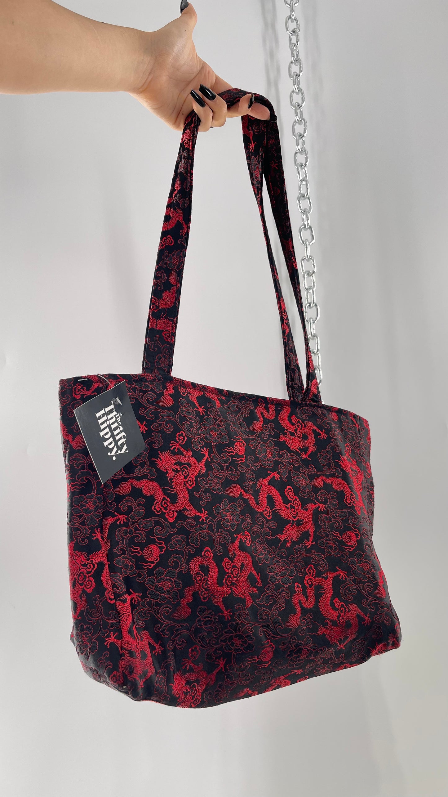 Vintage Black Satin/Silky Tote with Red Dragon/Floral Embroidery