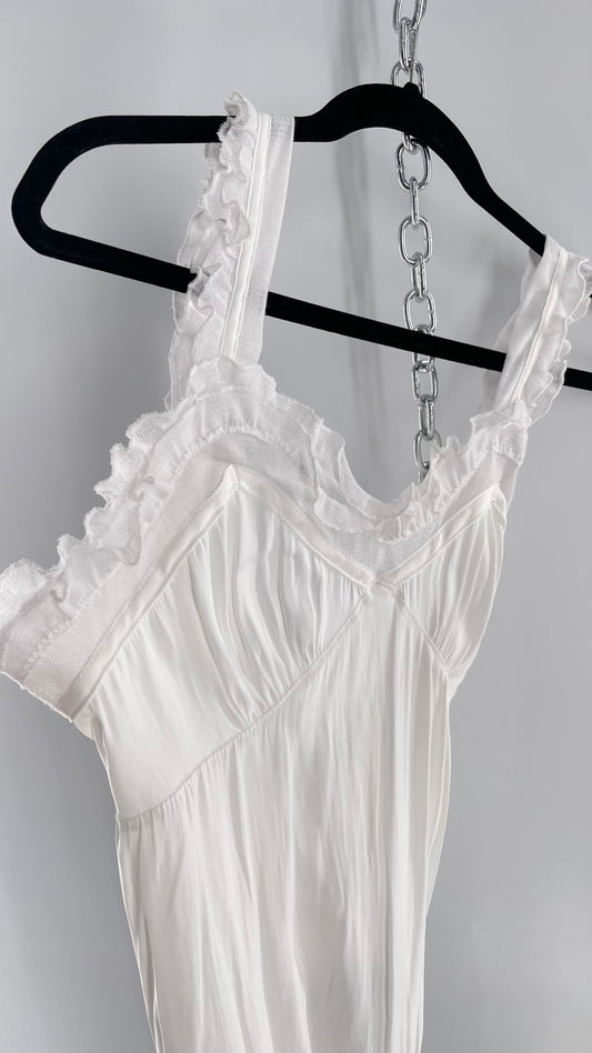 Free People White Silky Soft Bodysuit with Ruffled Bust-line and Straps (M)