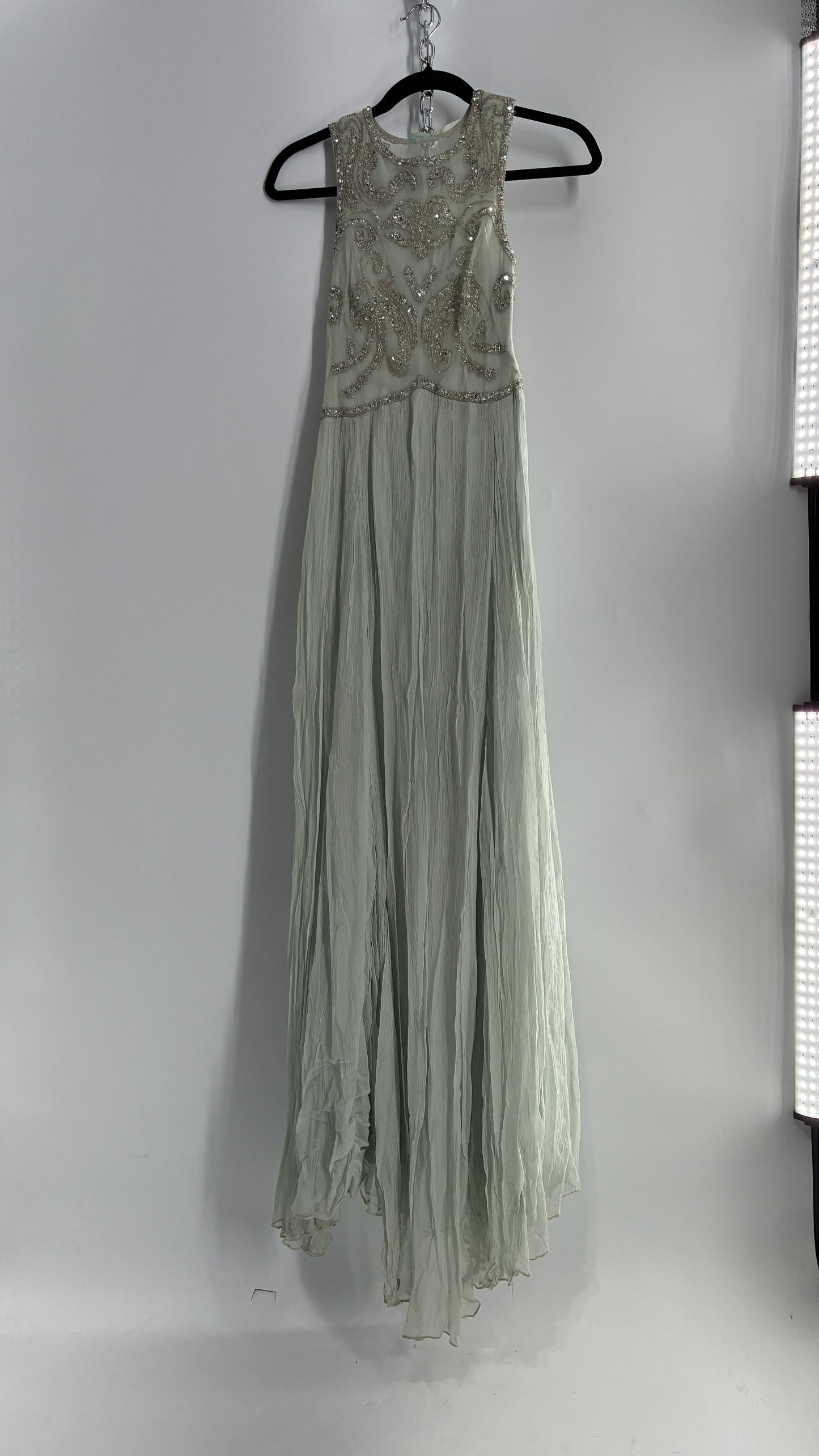 KIMCHI BLUE Light Greyish Seafoam Green Crimped Gown with Beaded Bodice and Sheer Back (2)