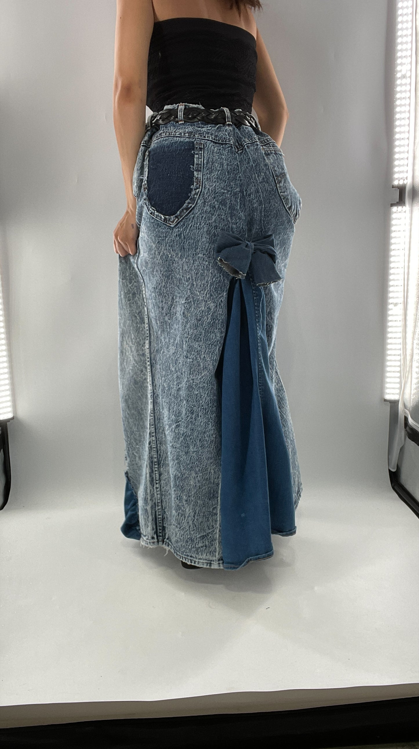 Custom Handmade Acid Wash Denim Slit Front Ruffled Skirt with Bow Bum (Large)