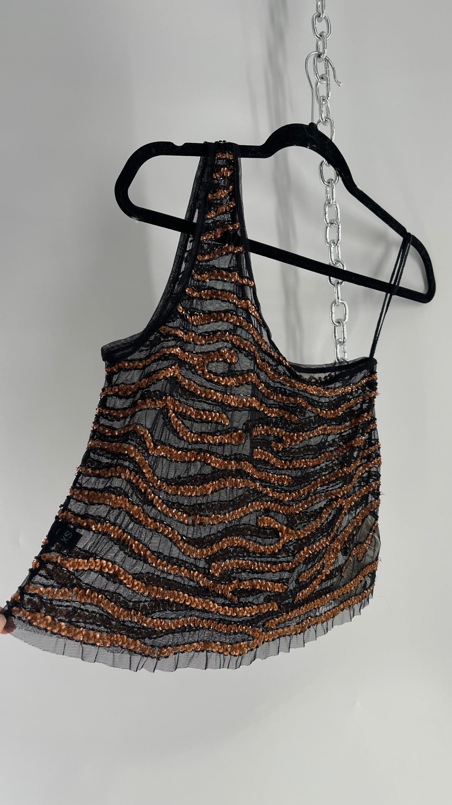 Free People Black Mesh One Shoulder Blouse with Copper Zebra Patterned Sequins (XS)