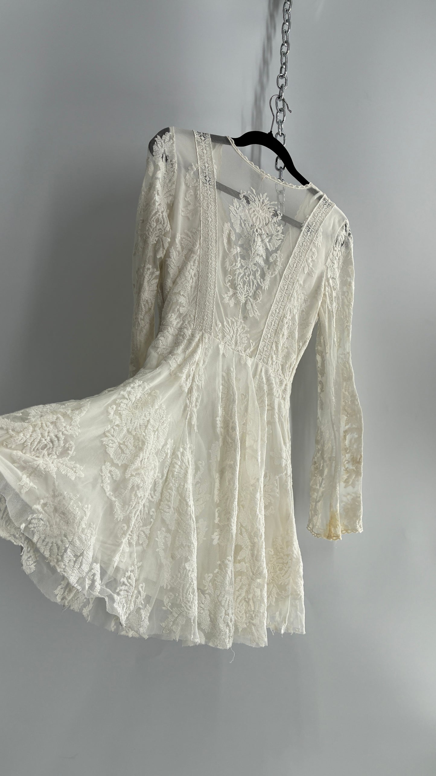Free People White Lace All Over Embroidered Mini Dress with Sheer Back (4)
