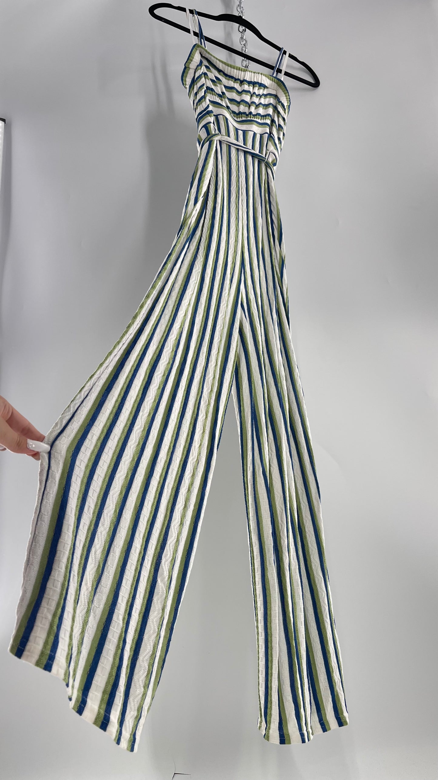 Maeve Anthropologie Woven Green/Blue/White Wide Leg Jumpsuit (Small)