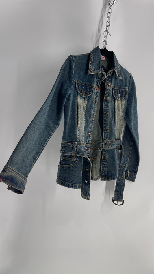Vintage Madame Denim Culture Medium Wash Fade Jacket with Waist Belt and Back Pocket Details (Medium)