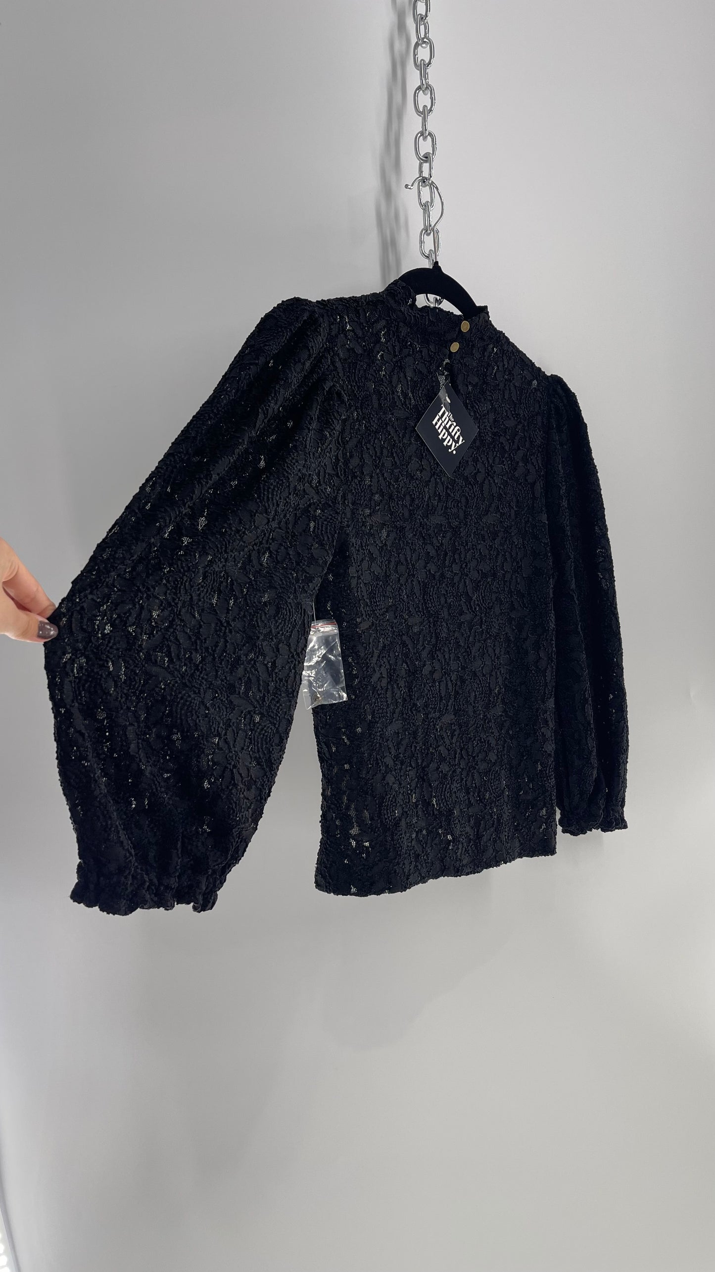 Free People Black Lace Bubble Quarter Sleeve Turtle Neck and Extra Buttons (XS)