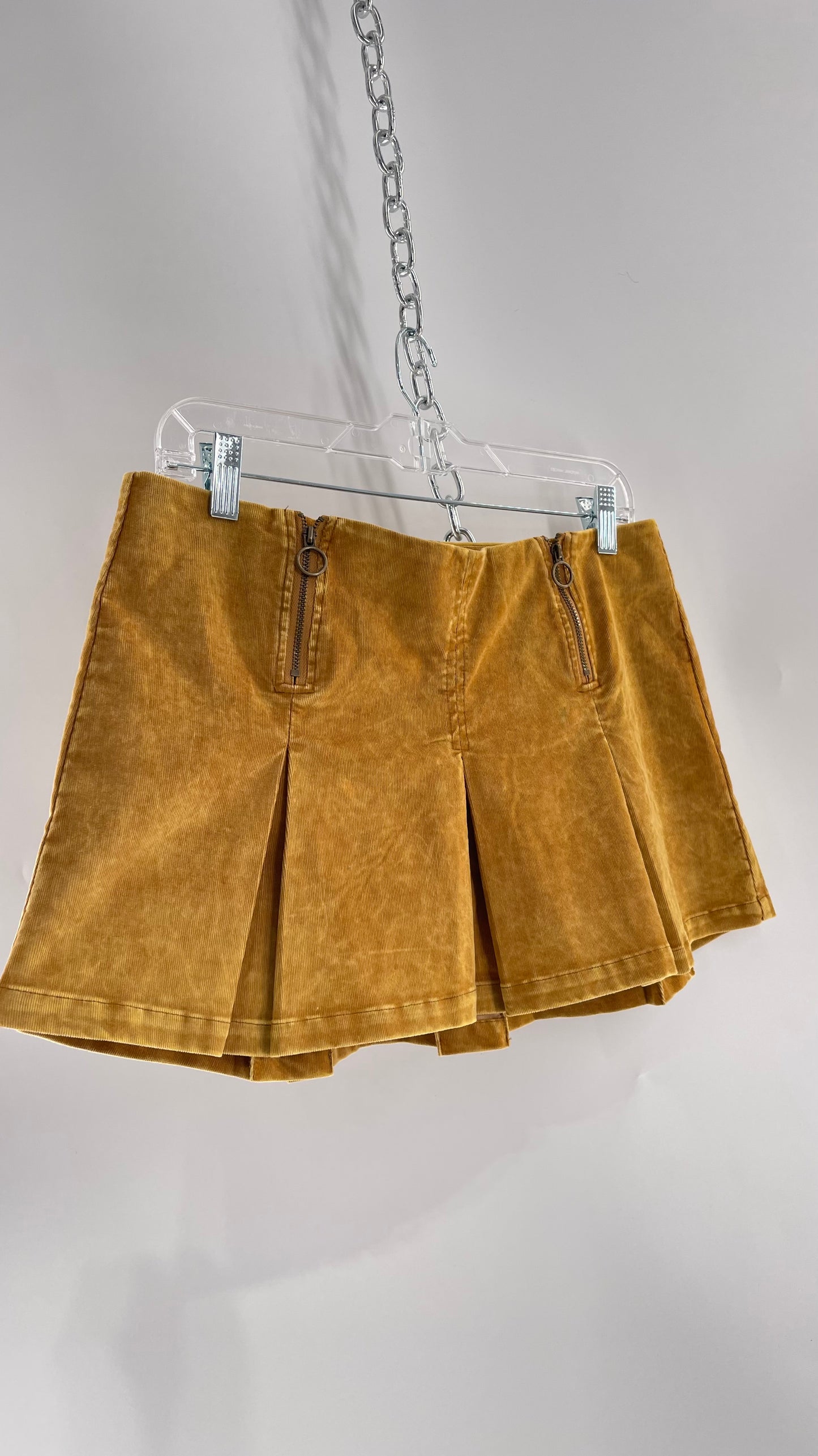 Urban Outfitters Mustard Corduroy Pleated Micro Mini Skirt with Brass Hip Zippers (Medium)