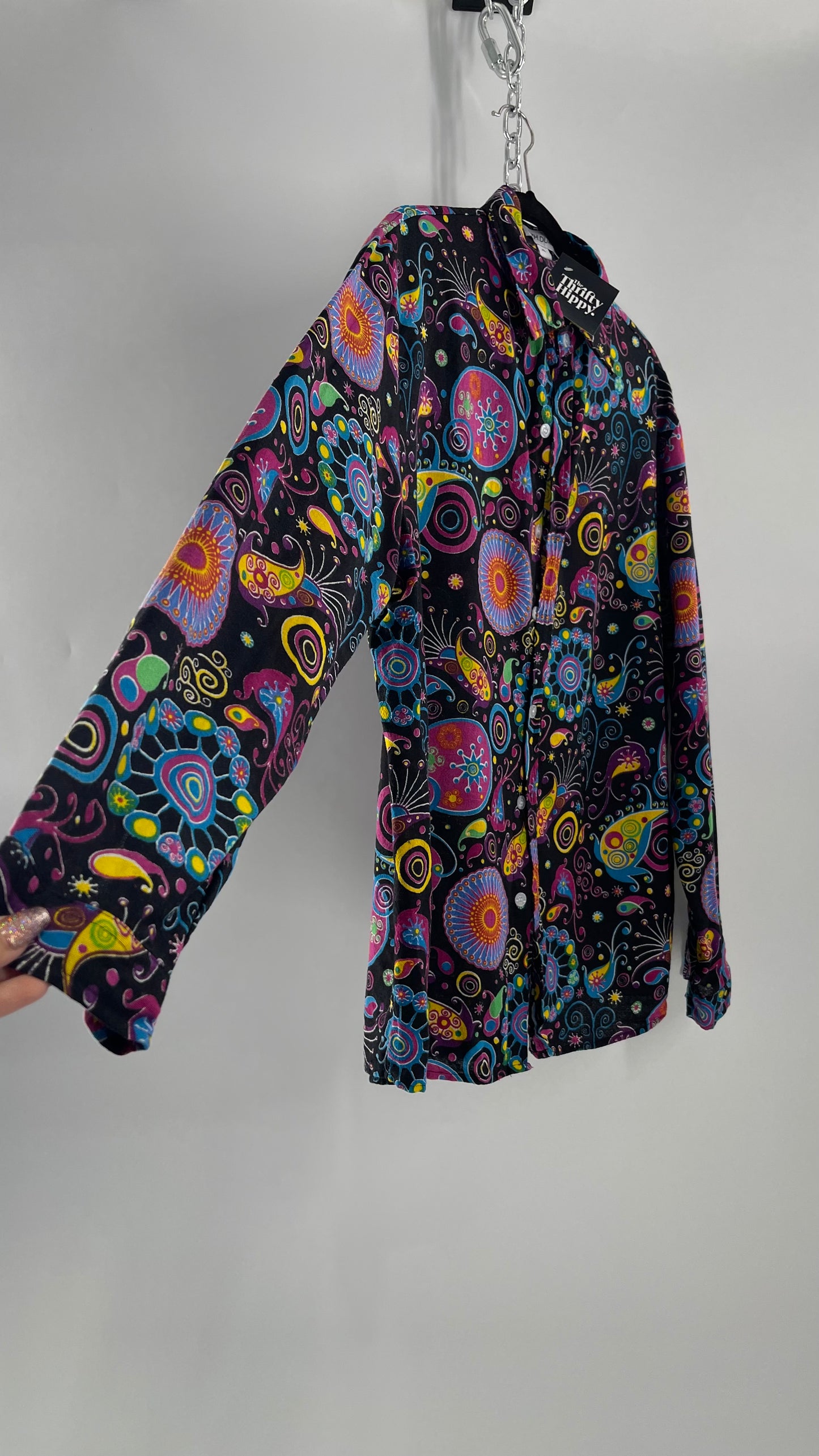 QZH.DUAO Black Cotton Gauze Retro Printed Long Sleeve (Medium)