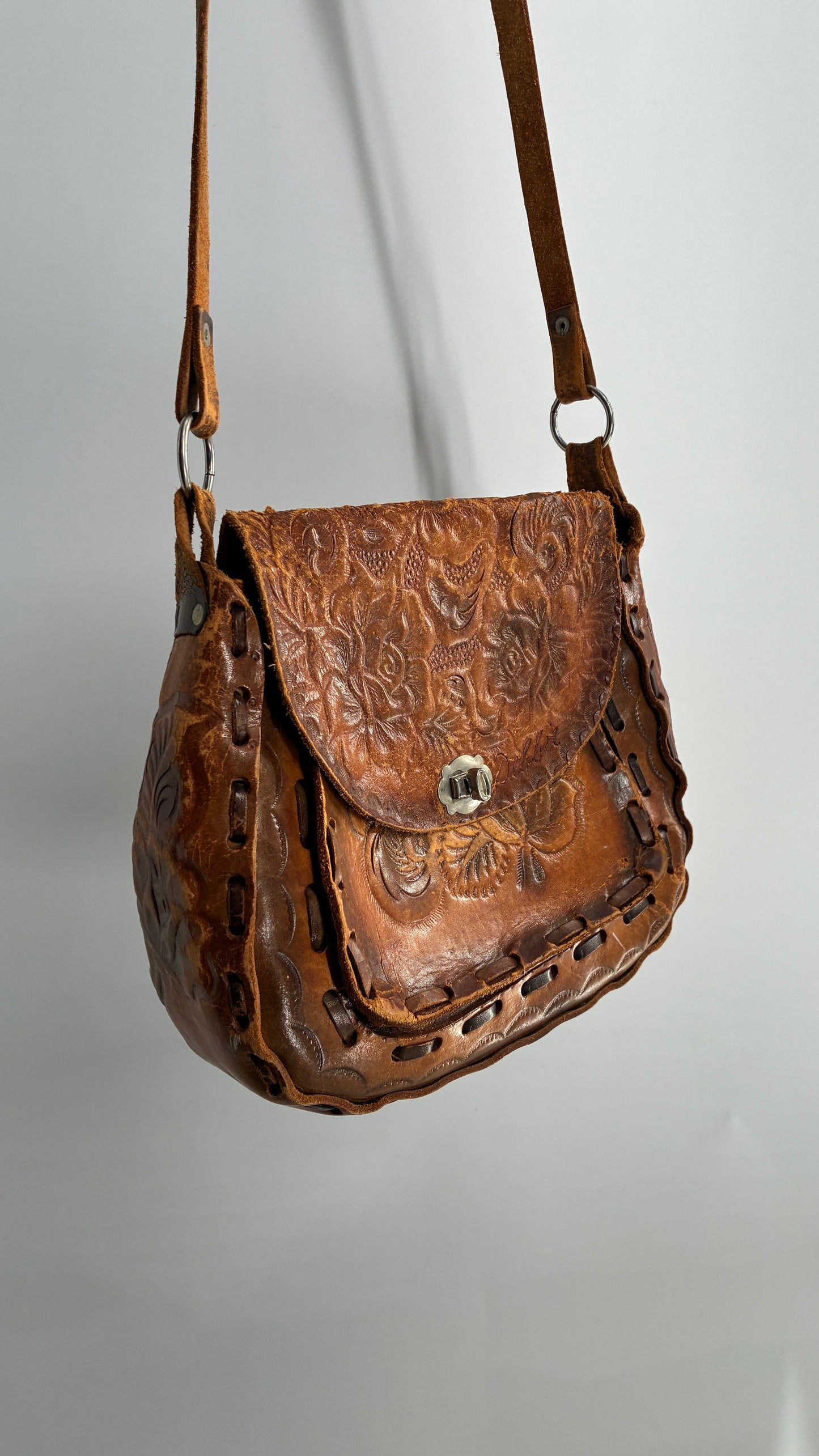 Vintage Made in Mexico Rose Embossed Leather Satchel Bag with Debbie Signature