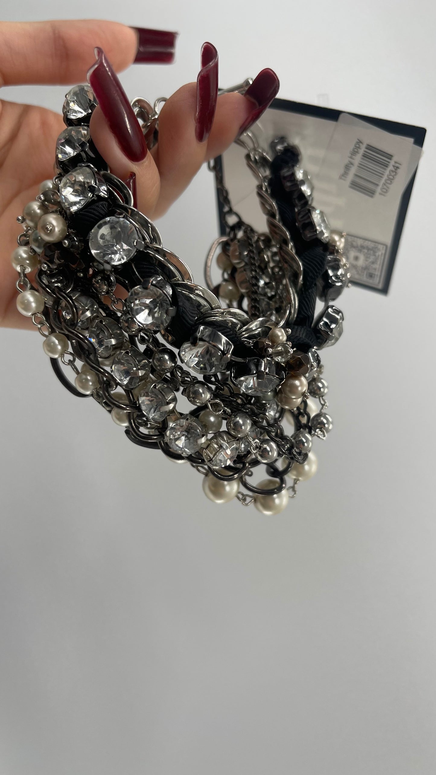 Vintage Heavy Layered Pearl Gunmetal Chain and Oversized Rhinestone 2pc Bracelet Set