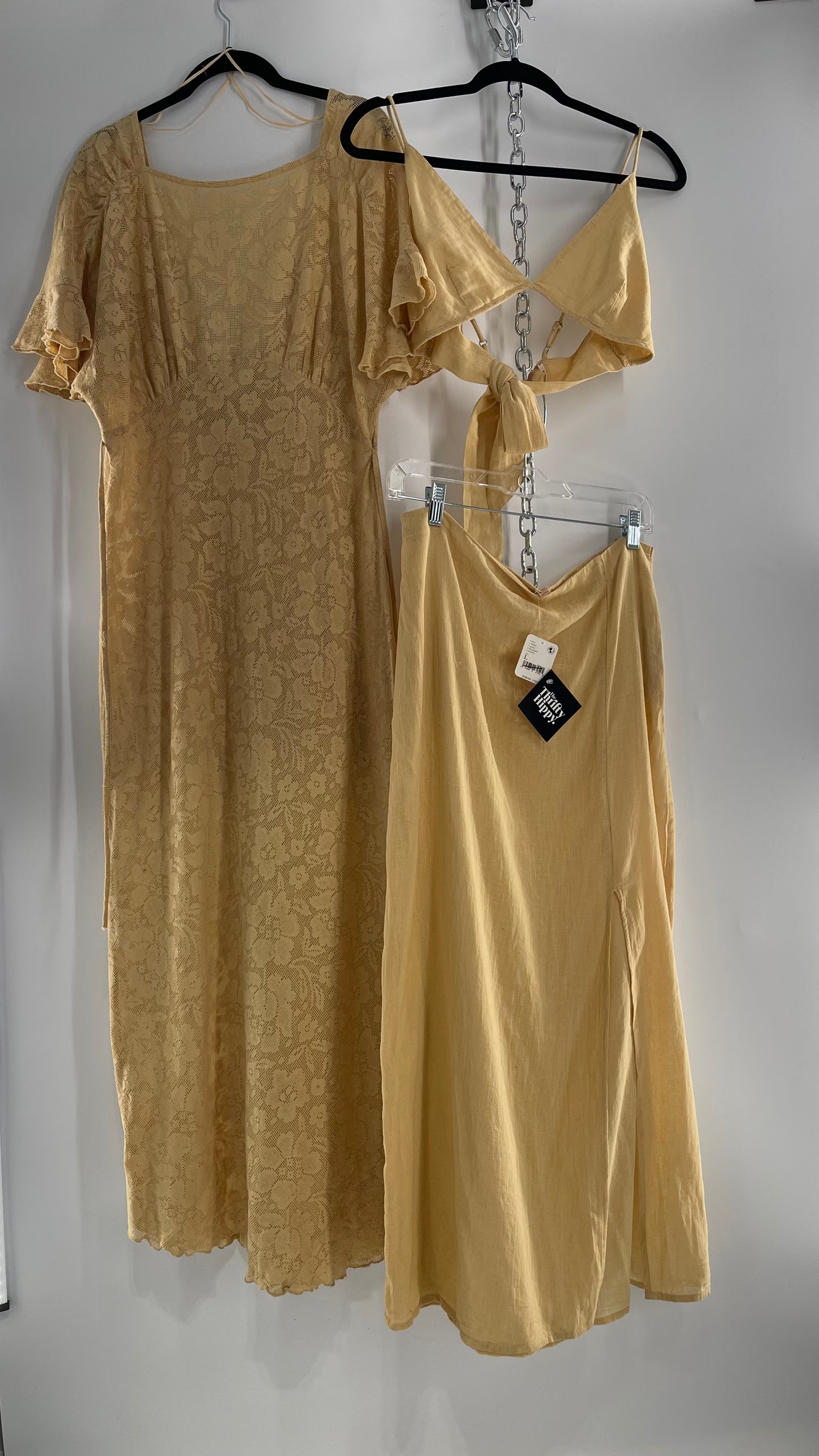 Free People Yellow Lace Gauze Maxi Dress Set with Bralette and Side Grommet Skirt (Large)