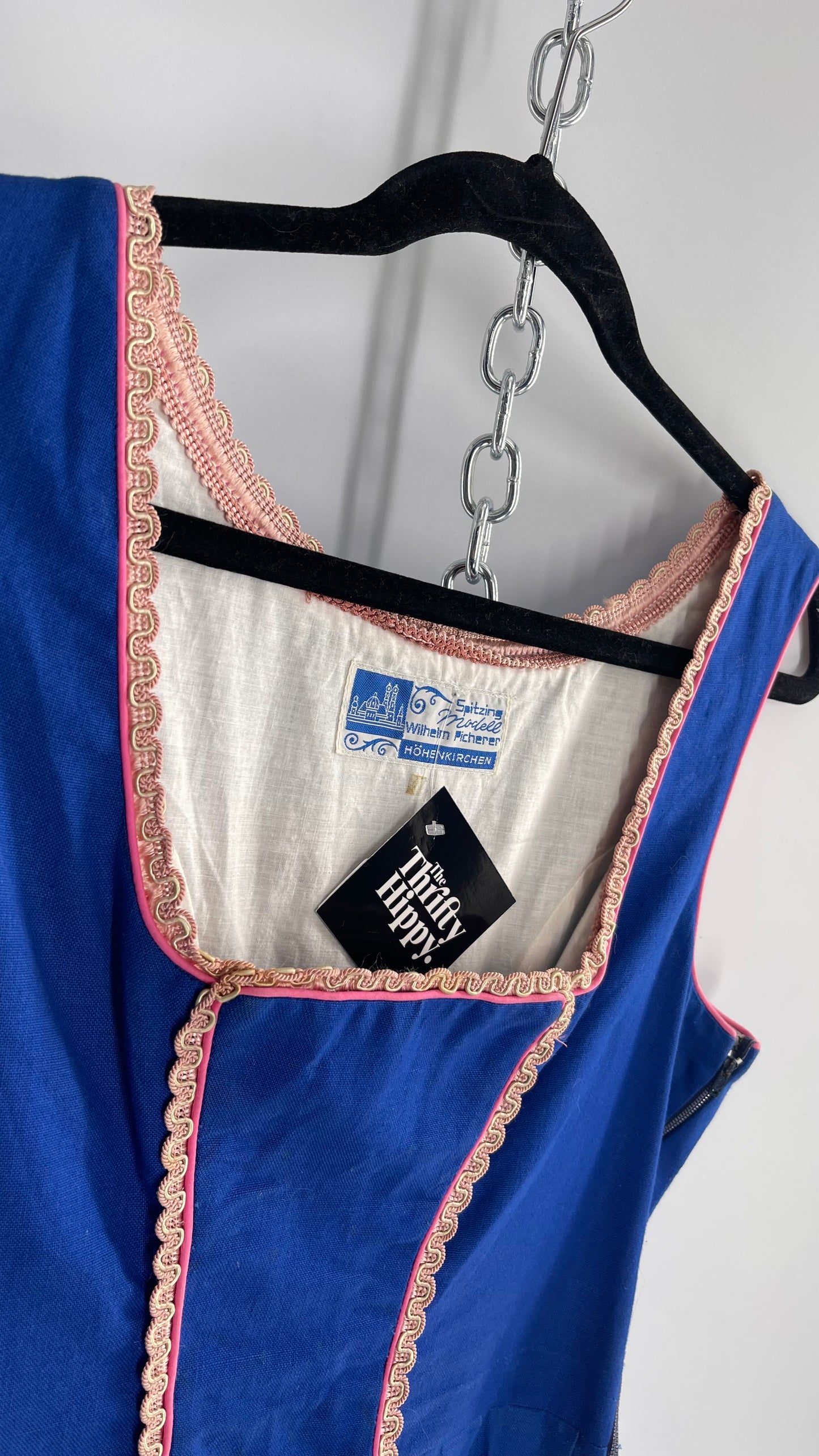 Vintage 1970s Spitzing Modell Wilhelm Picherer Hohenkirchen Traditional German Hand Embroidered Royal Blue Dress (M)