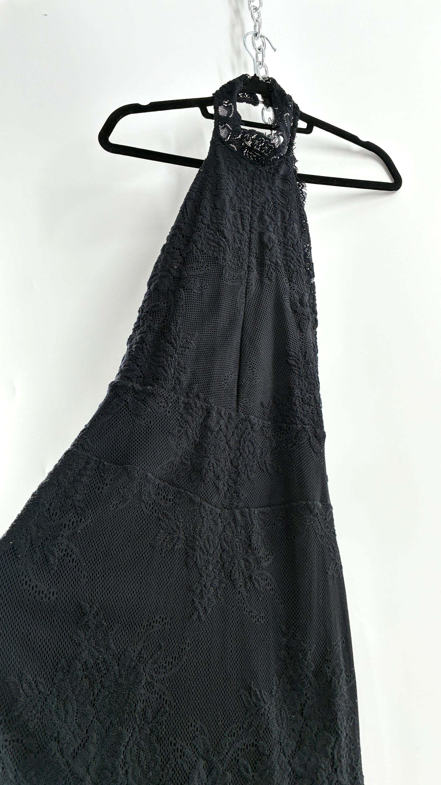 Free People Black Lace Halter Mini Dress with Open Back (Medium)