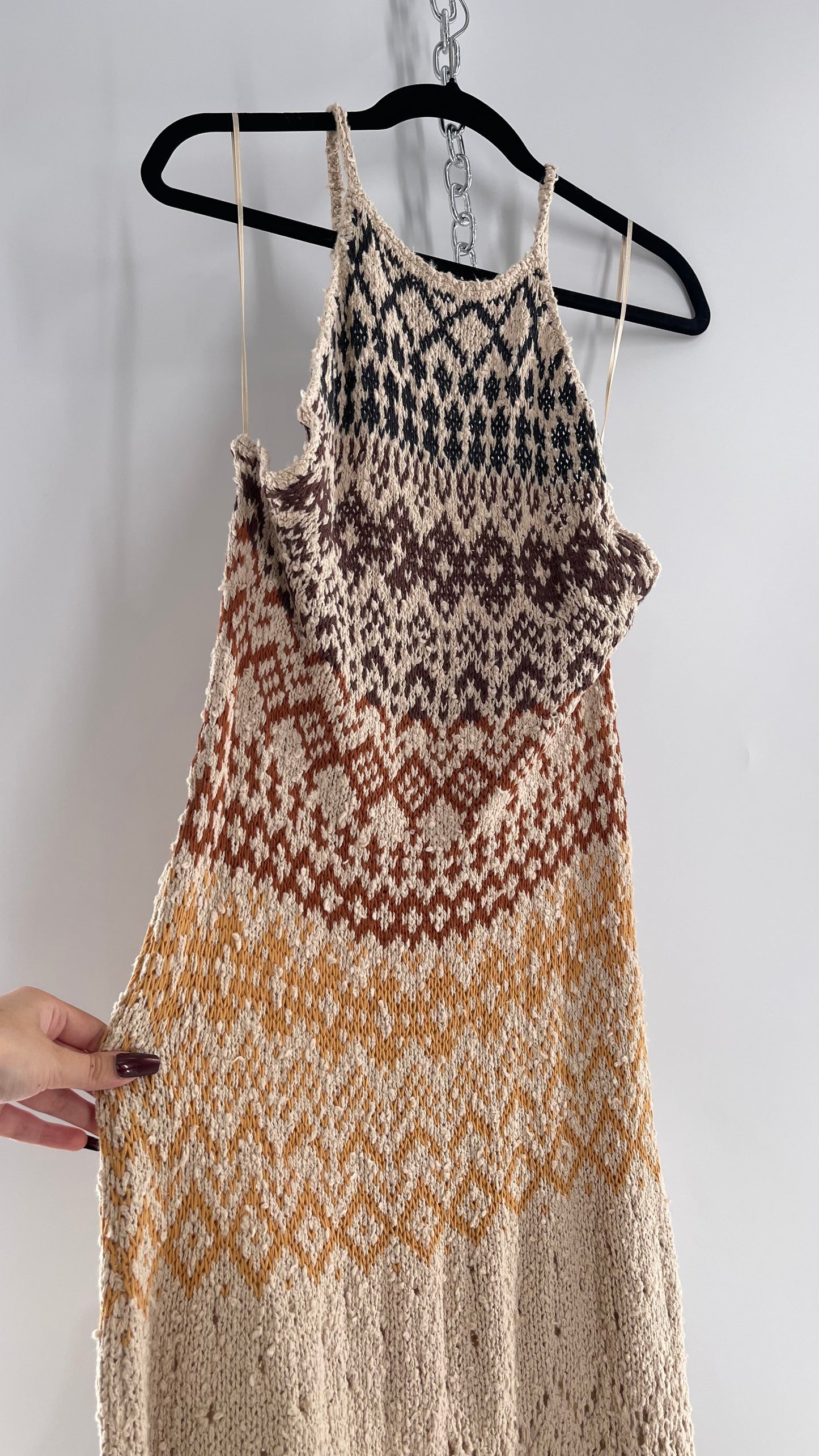 Free People Beige Ikat Oasis Knit Halter Maxi Dress (Small)