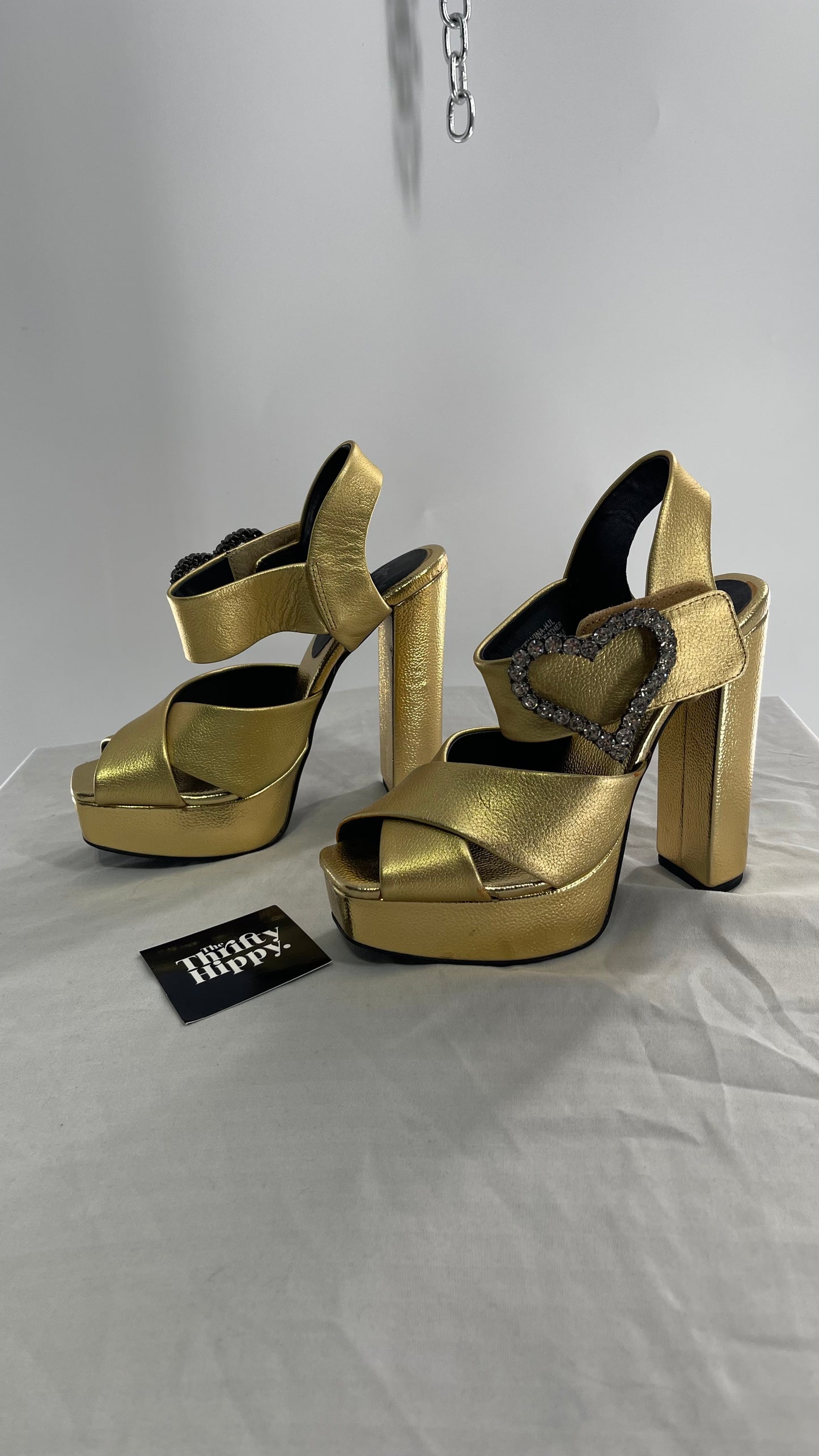 Jeffrey Campbell Metallic Gold Chunky Gold Platform Heel with Rhinestone Heart Buckles (6.5)