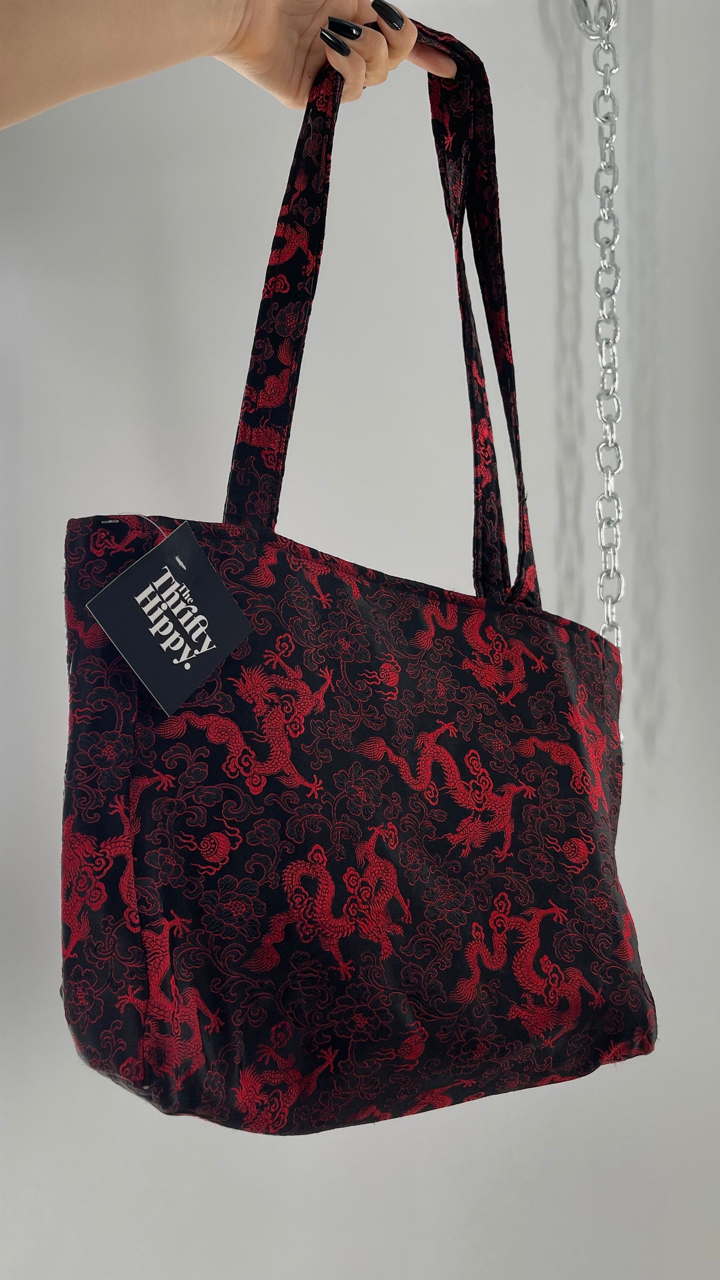 Vintage Black Satin/Silky Tote with Red Dragon/Floral Embroidery