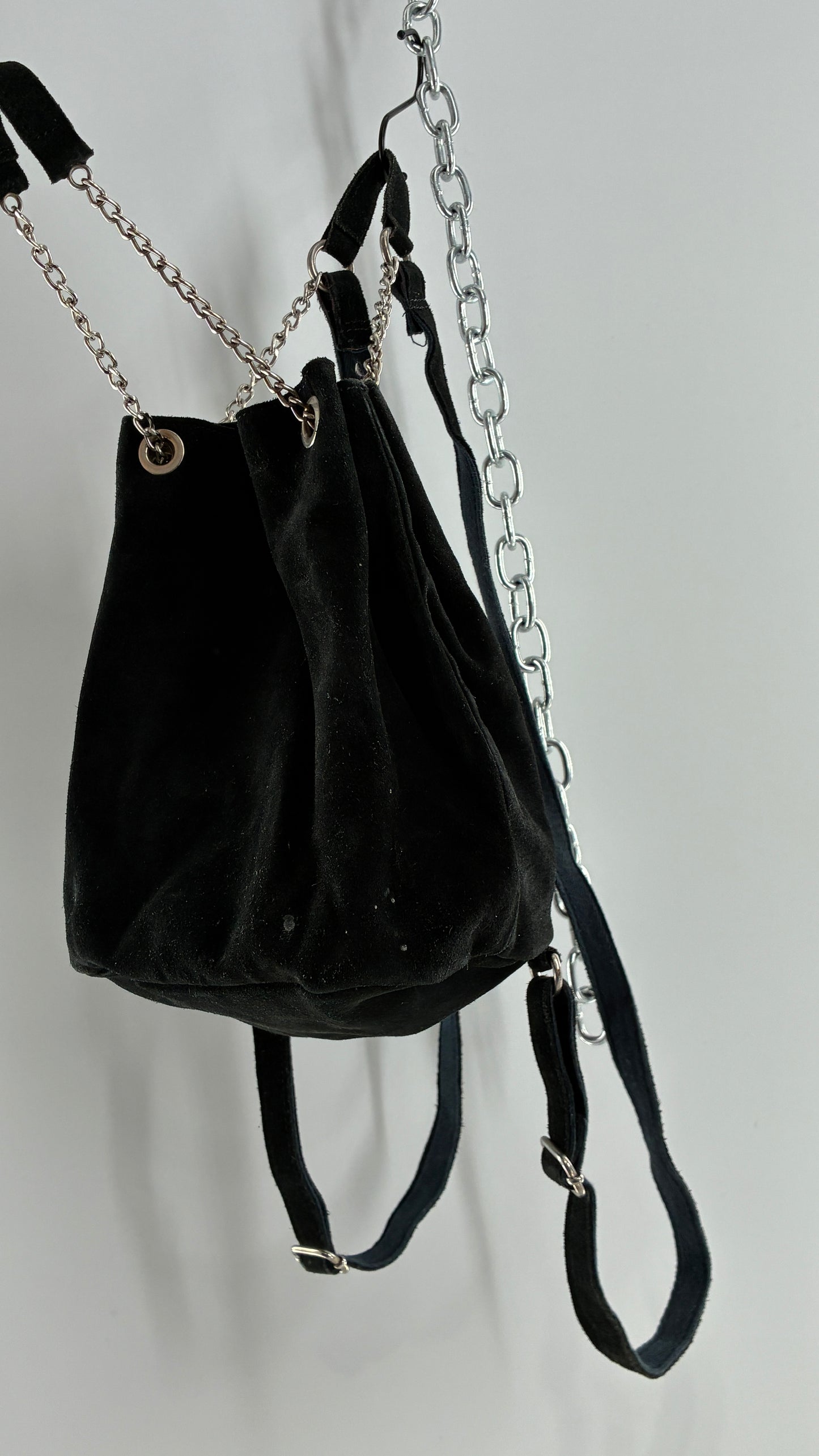 Black Genuine Suede Convertible Chain Link Backpack