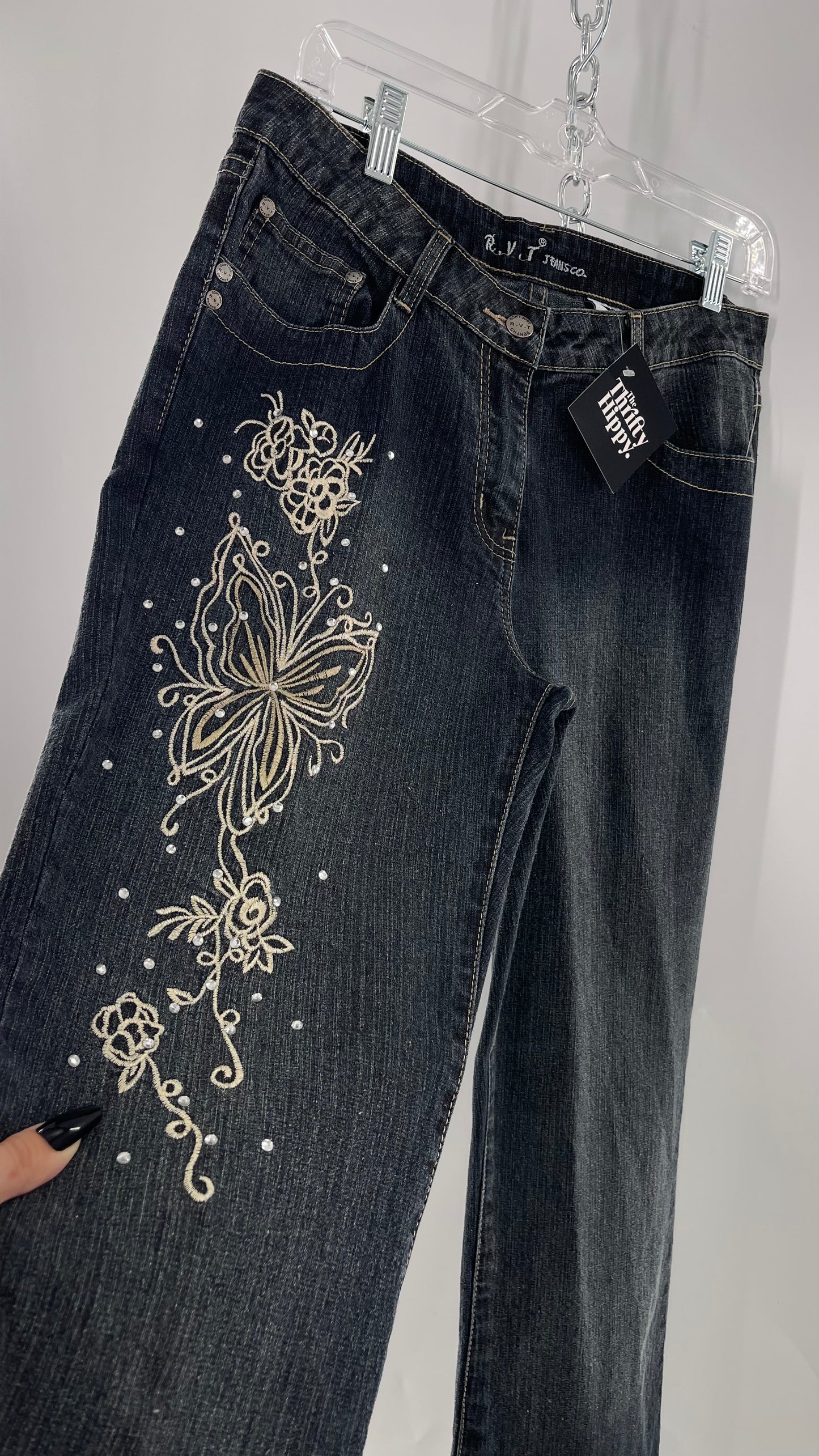 Vintage RVT Grey Kickflare Jeans with Butterfly Embroidery and Rhinestone Embellishment (9/10)
