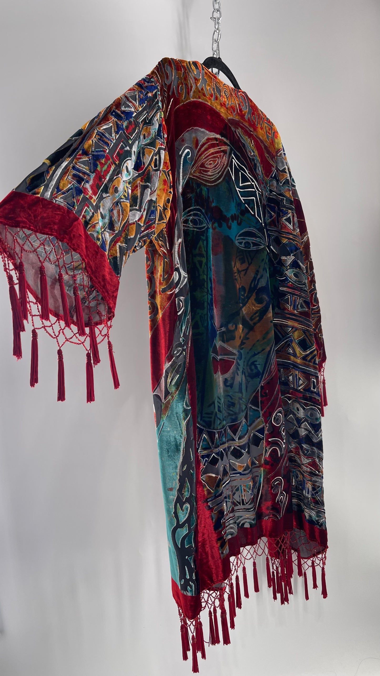 Vintage Burnout Buddhist Motif Velvet/Velour Beaded Fringe Duster Coat/Kimono with Tassel Sleeves and Hems (M/L)