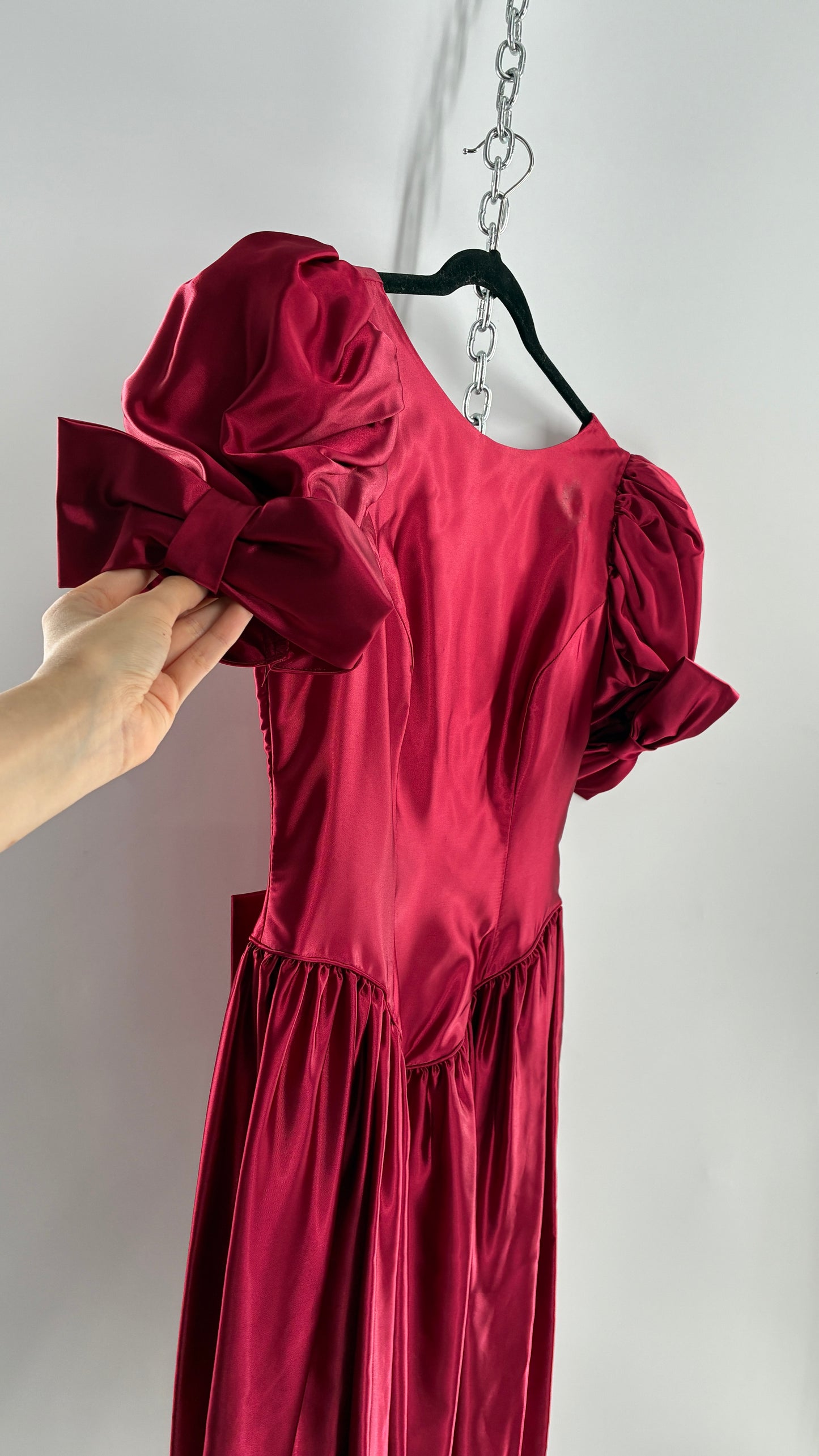 Vintage Red Silky Satin Corset Style Dress with Sweetheart Neckline, Puff Sleeves, Oversized Bow Bum, Open Back and Draping Pearls (10P)