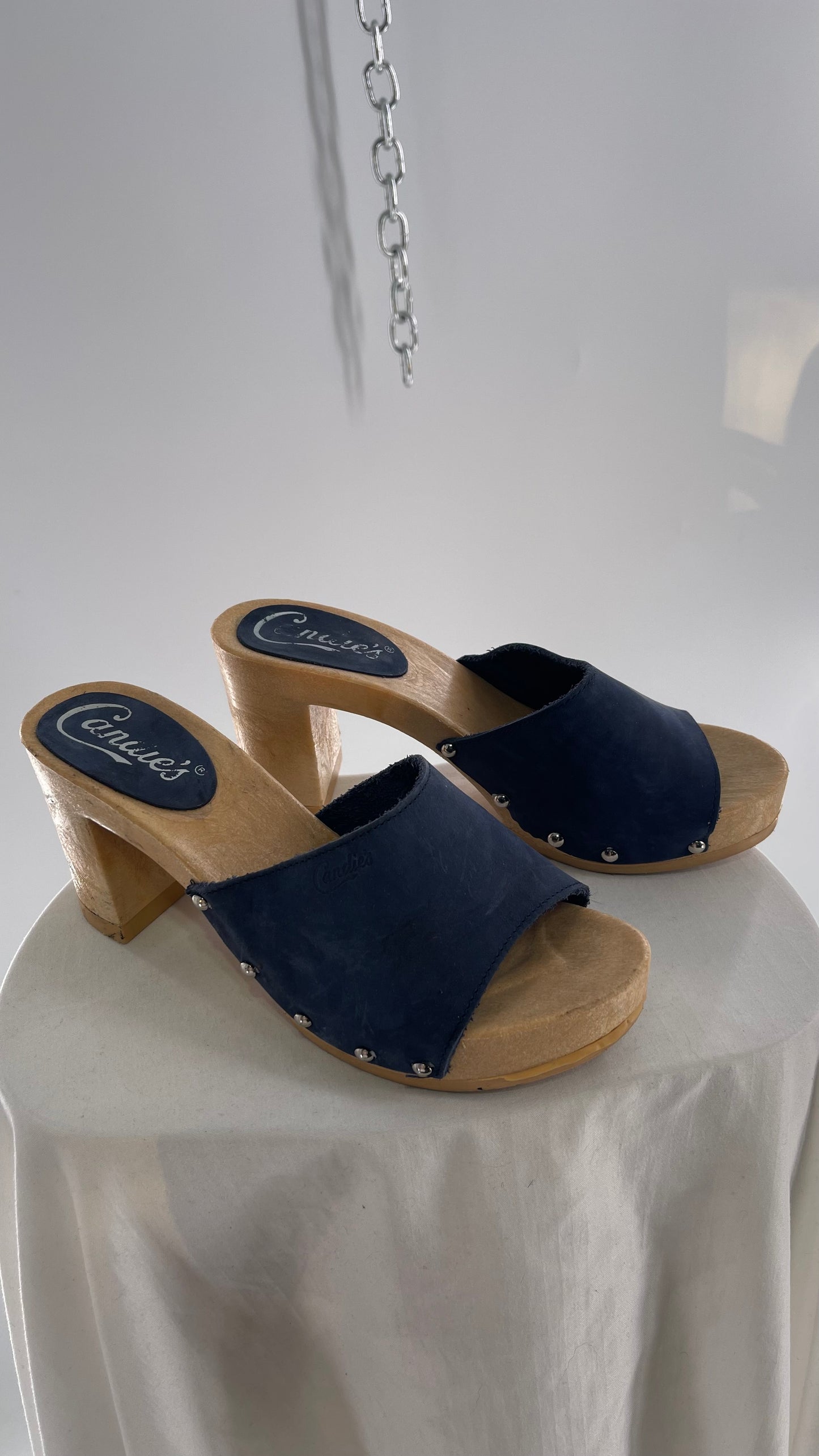 Vintage Candies 1980s Navy Blue HOT Side Studded High Heel Slides (8)