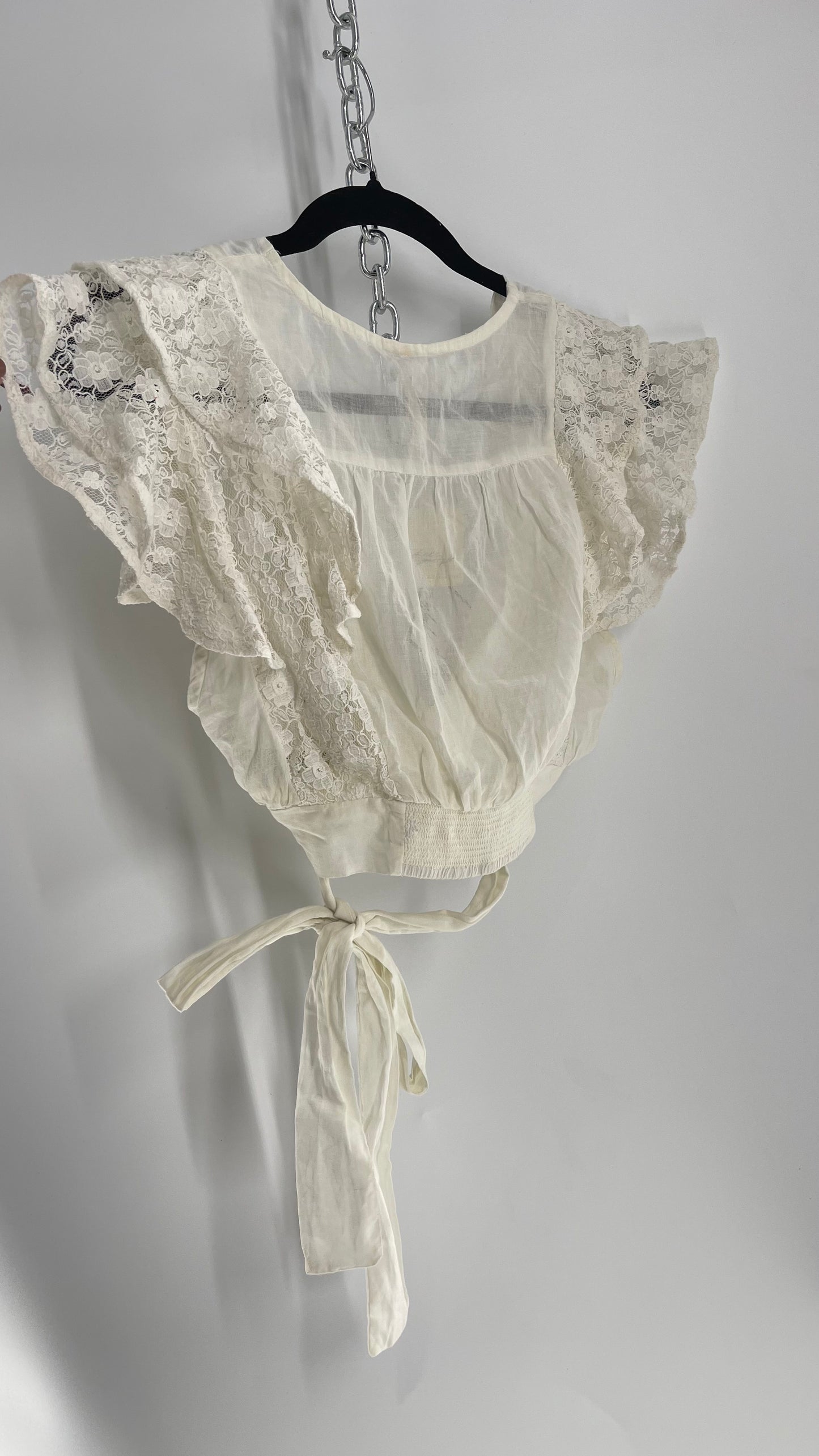 Free People Off White Cotton Tie Around Top with Lace Sleeve Detail and Tags Attached (Small)
