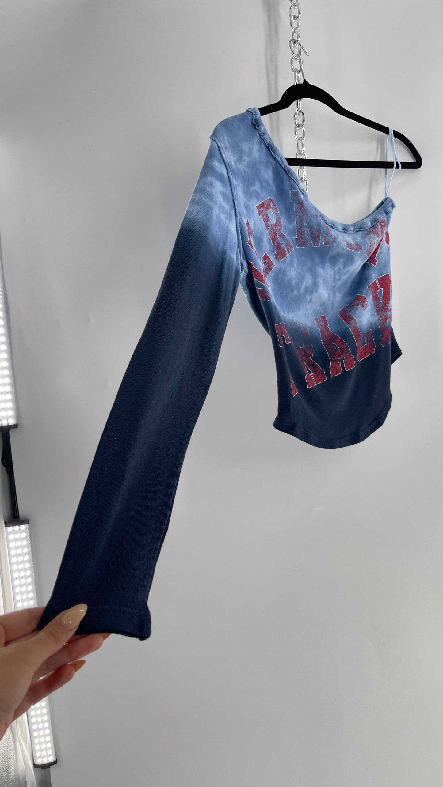 Free People Blue Ombre Tie Dye One Sleeve Top with Track Graphic (Small)