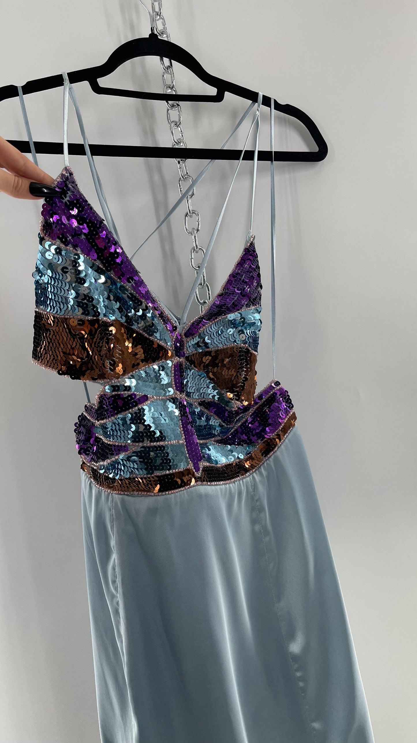 Urban Outfitters Light Blue Satin Butterfly Sequin Size L