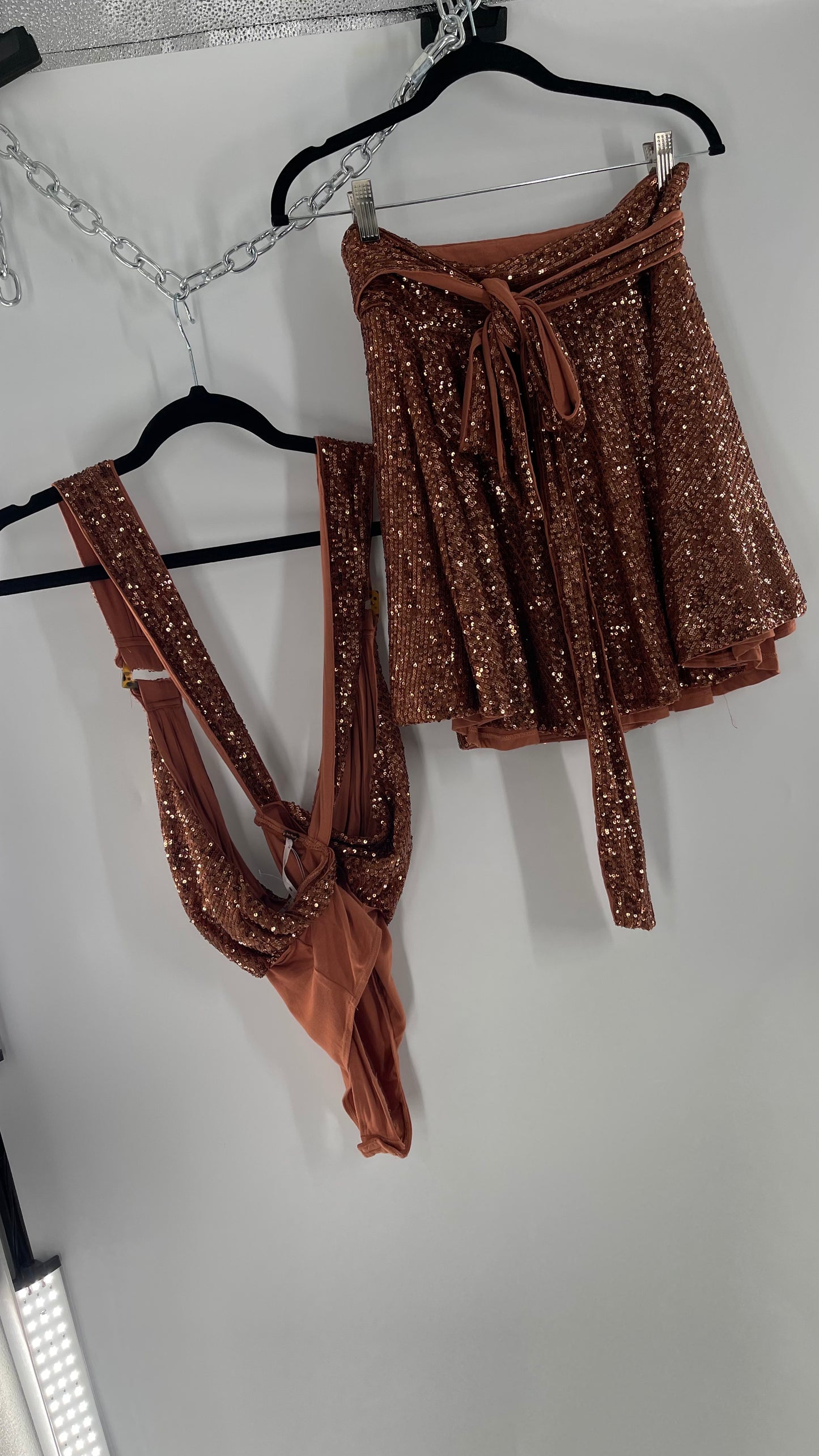Free People Bronze Sequin 2Piece Set with Wrap Around Skirt and Bodysuit (XS body, S Skirt)