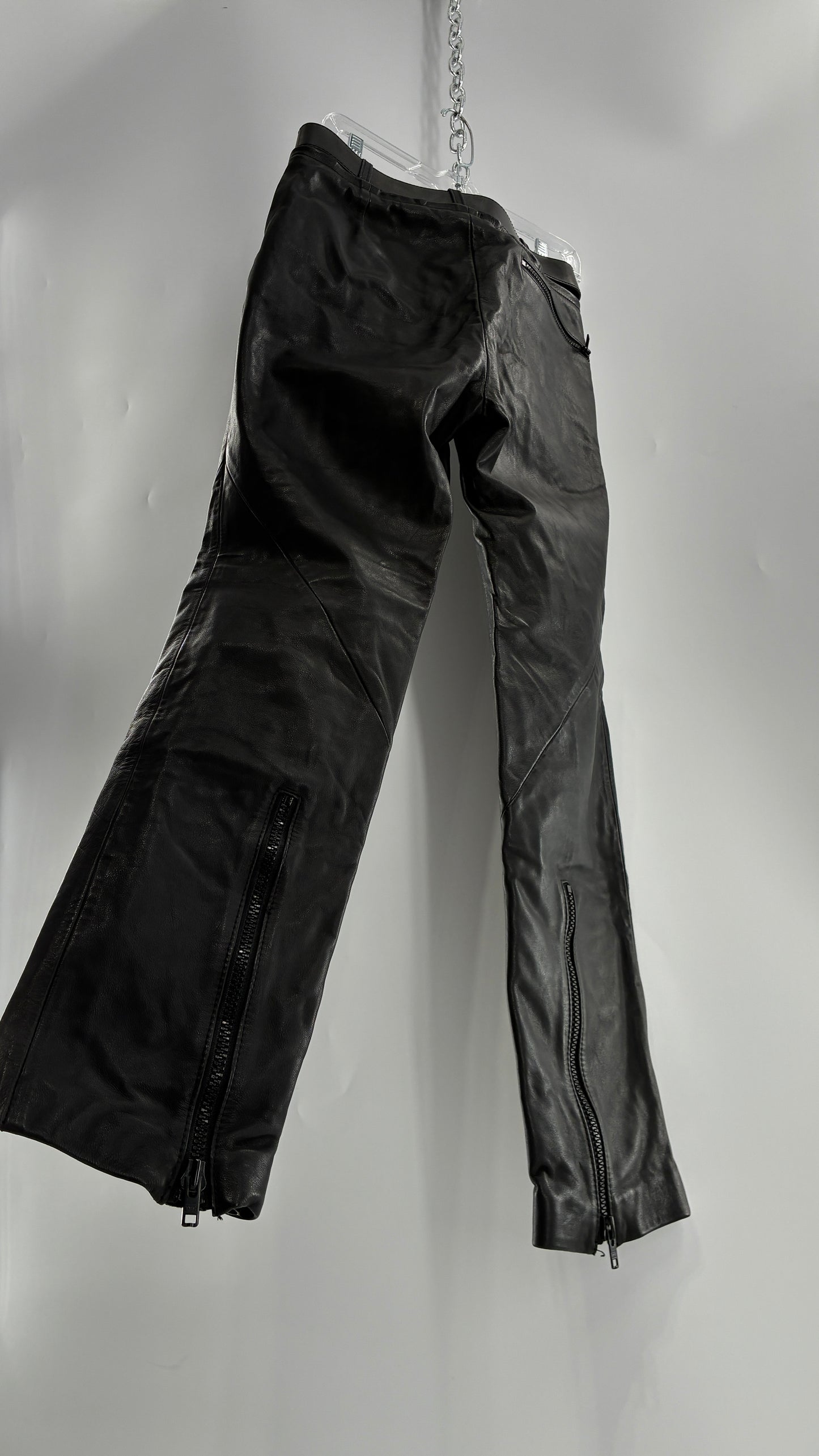 Vintage Black Italian Leather Motorcycyle Pants with Built In Belt and Zipper Detailing (XS)
