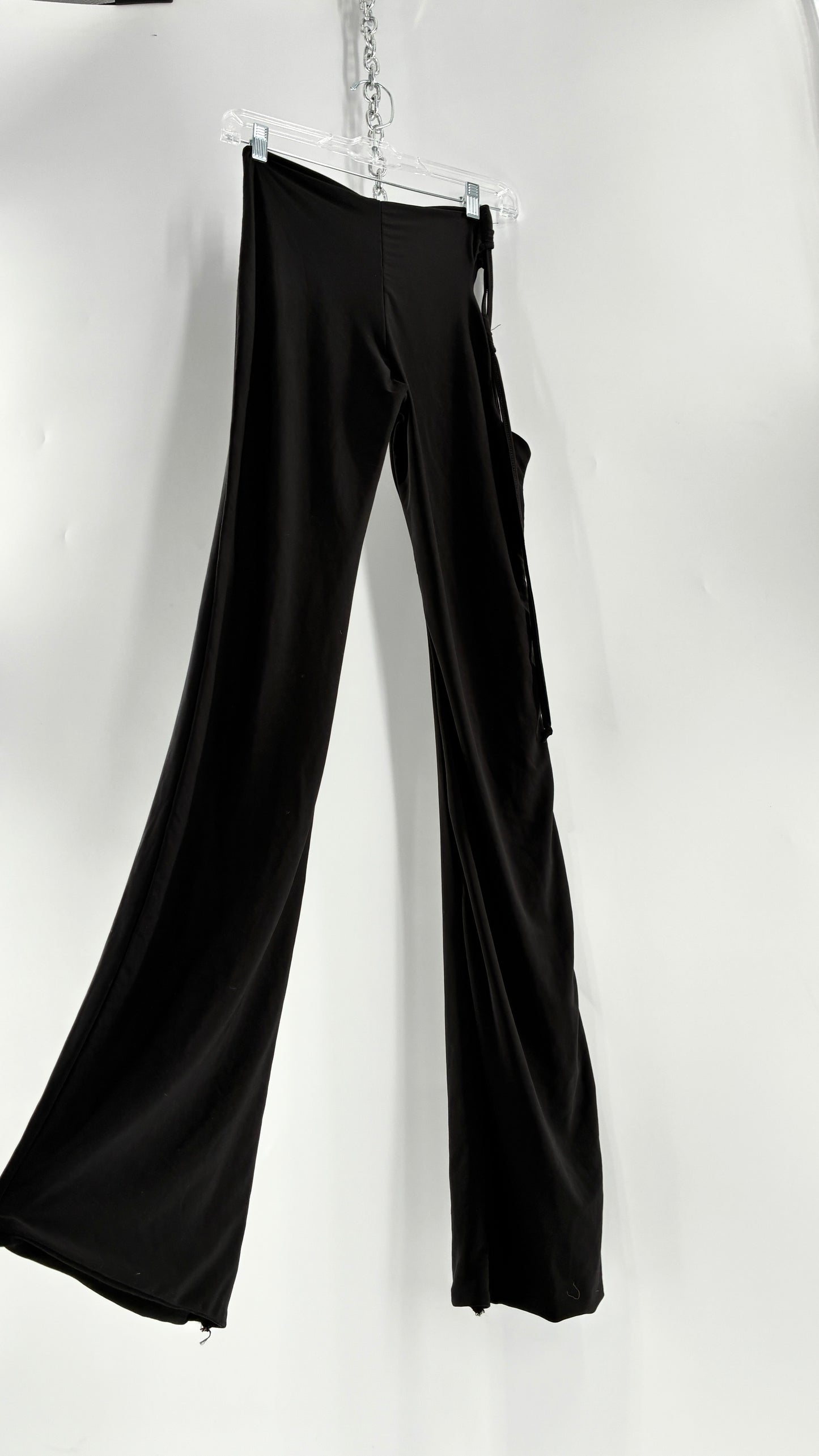 Pretty Little Thing Black Slinky Tie Side Cut Out Flared Double Lined Thick Trousers with Tags Attached (10)