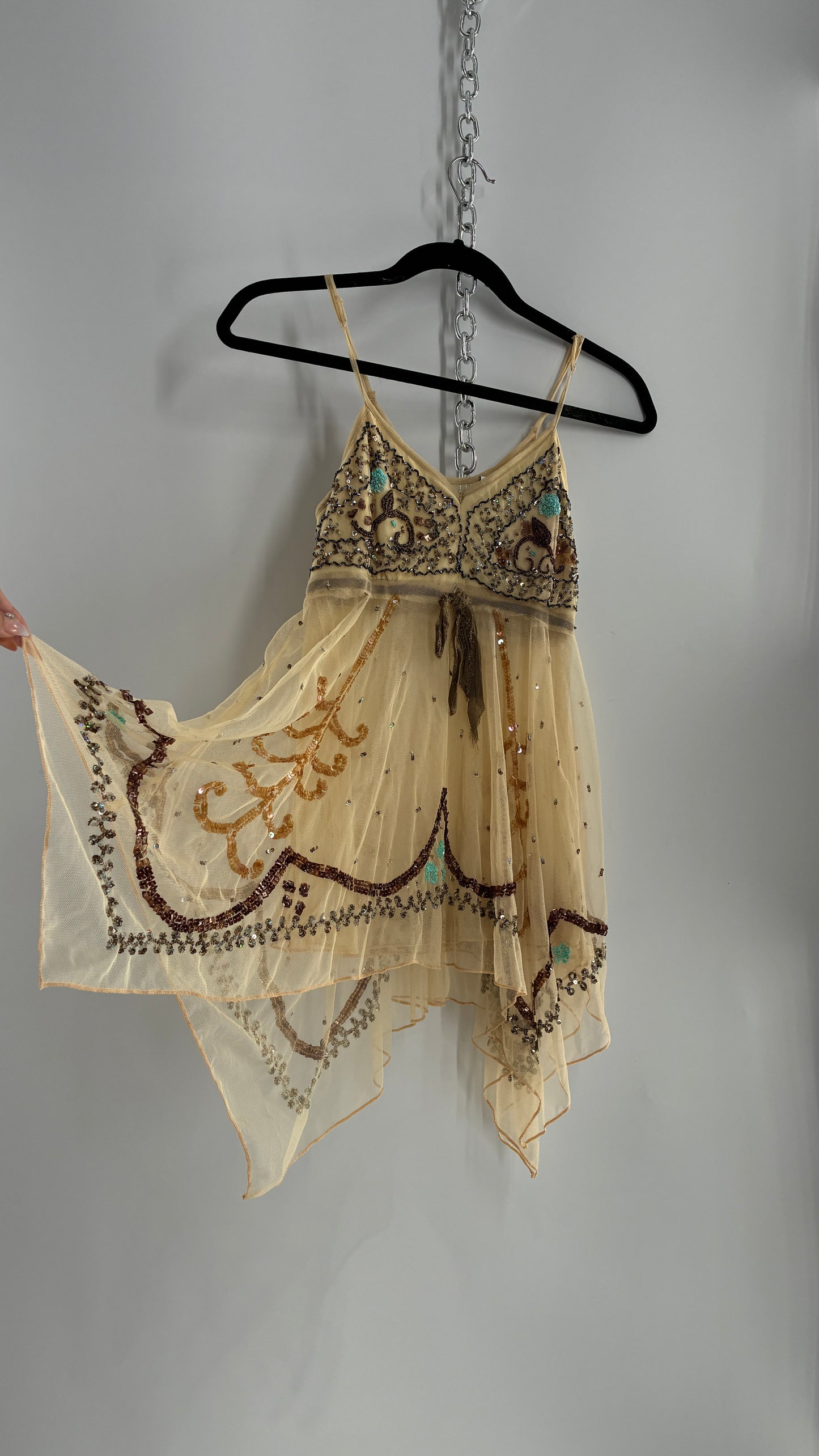 Handmade Beige Handkerchief Camisole with Hand Beaded Details (XS)