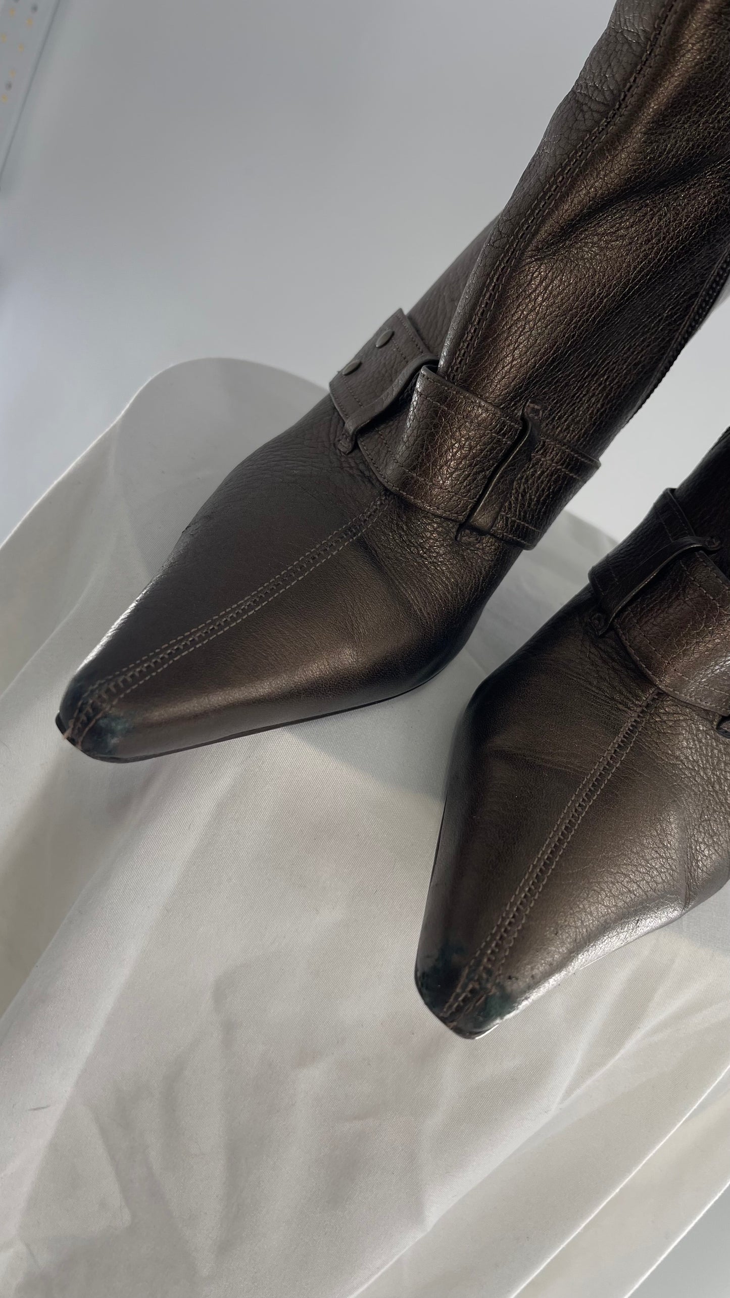 Vintage GIANNI Metallic Bronze Pointed Toe Buckle Strap Boots Made in Brazil (38)