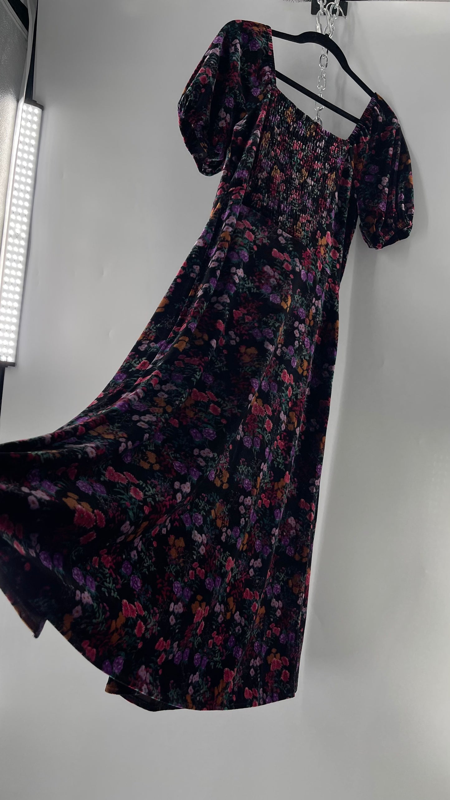 LOFT Velvet Dark Floral Full Length Dress with Puff Sleeves and Smocked Back with Tags Attached (8)