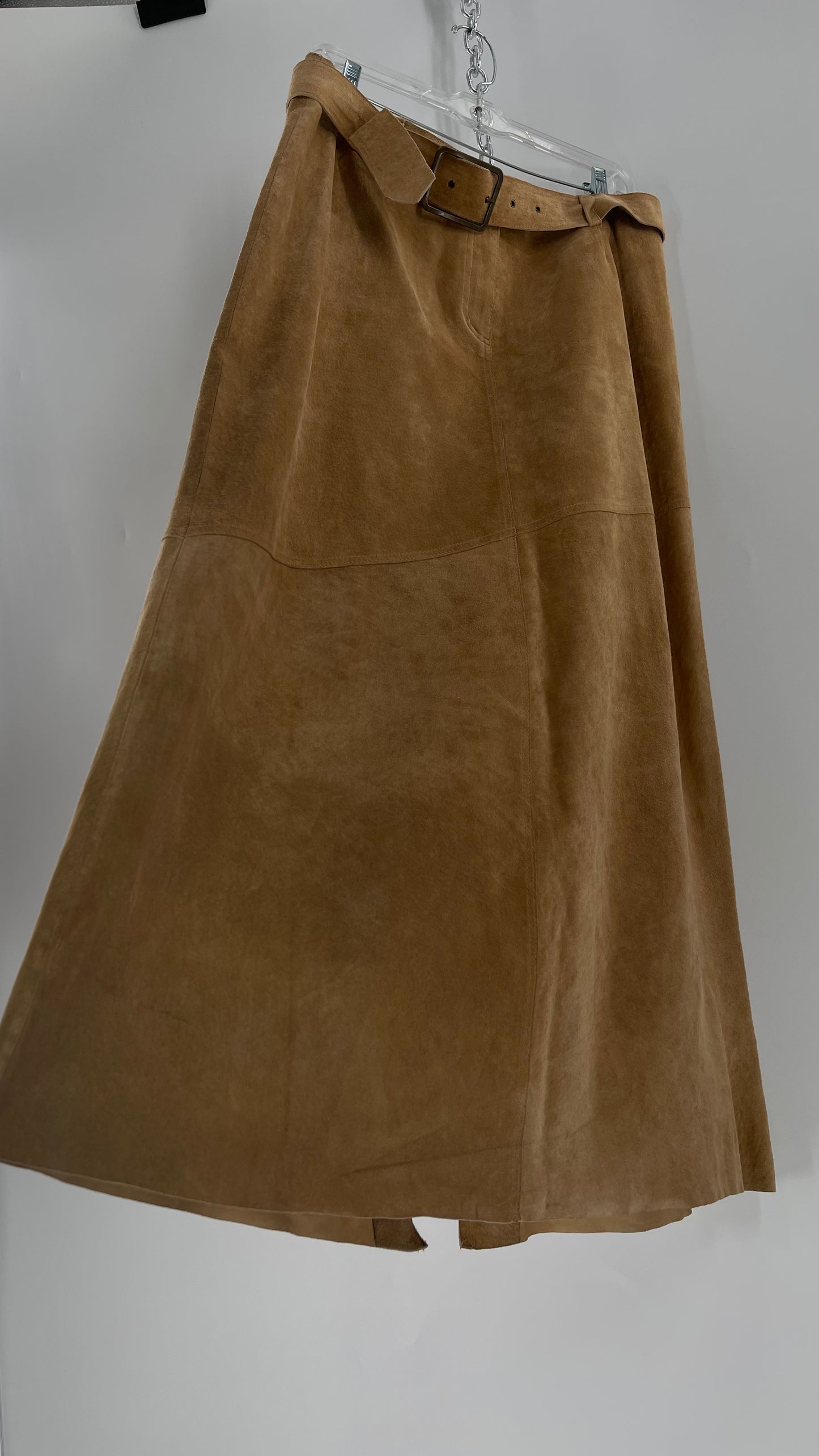 Vintage Margaret Godfrey Tan Suede Low Rise Full Length Skirt with Grommet Belt (14)