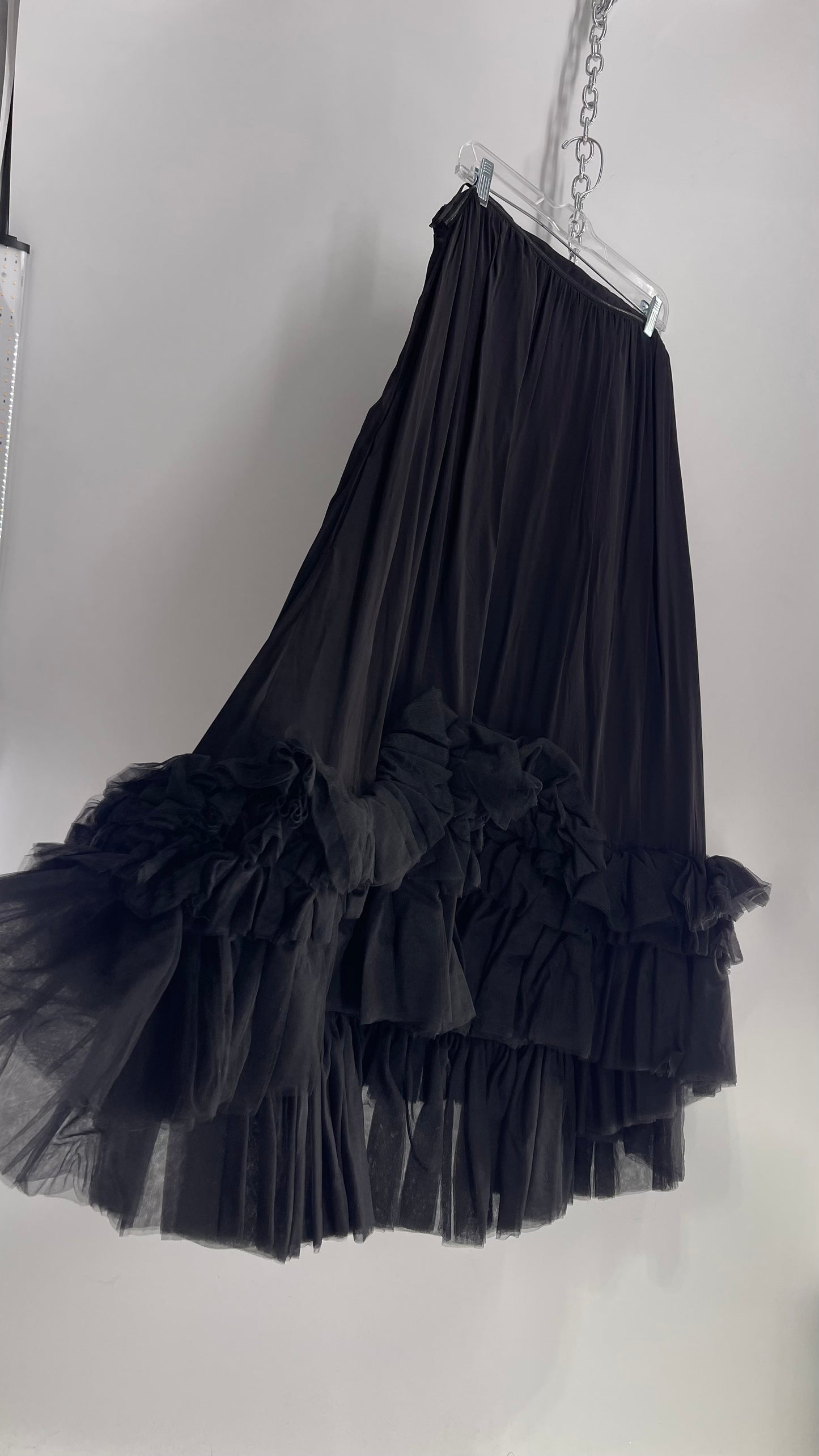 Anthropologie Black Voluminous Full Gown with Pleated Tulle Hemline Detail (M/L)