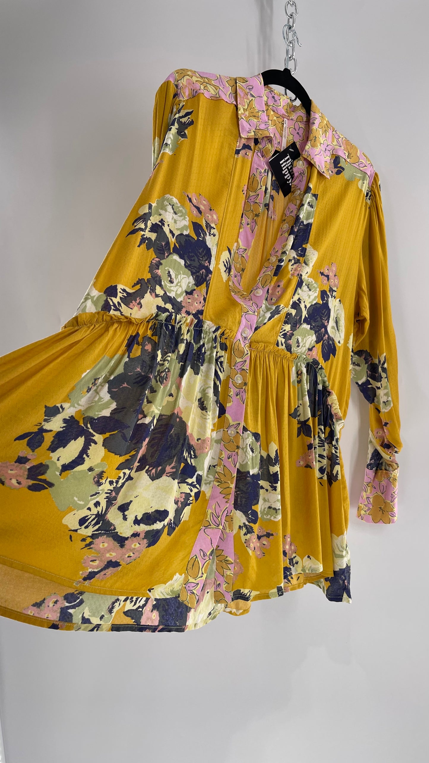 Free People Oversized Button Up Contrast Pattern Yellow Floral Blouse (XS)