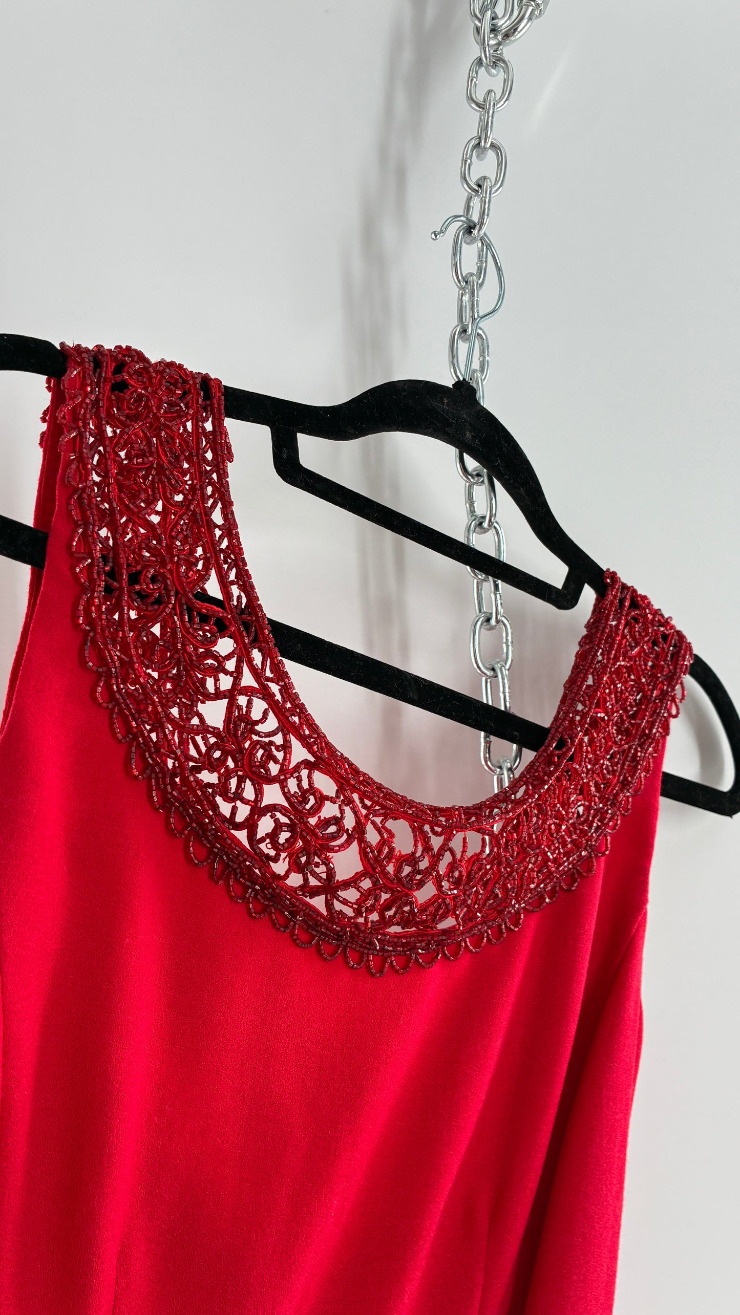 Vintage CARMEN MARC VALVO Red 100% Fitted, Tailored Wool Dress with Beaded Hem and Neckline (6)