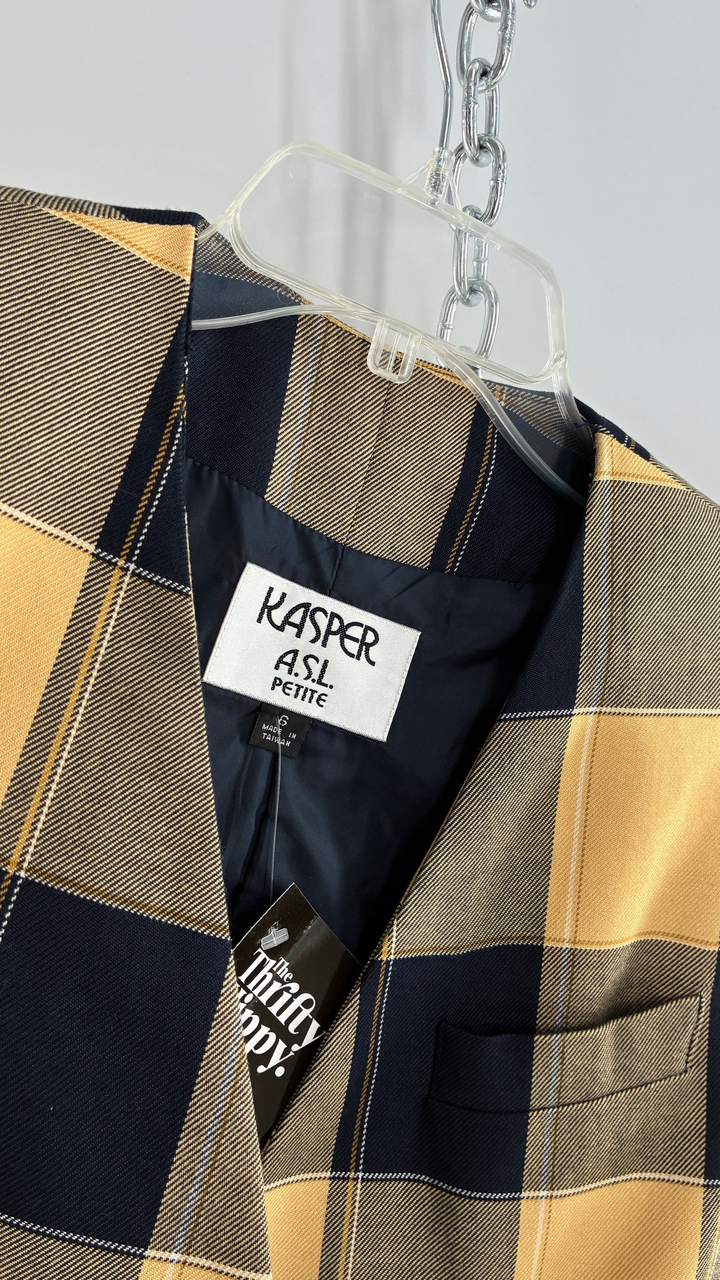 Vintage Suit Set with Yellow Plaid Double Breasted KASPER A.S.L Blazer and Upcycled Wool Mini Skirt (6)