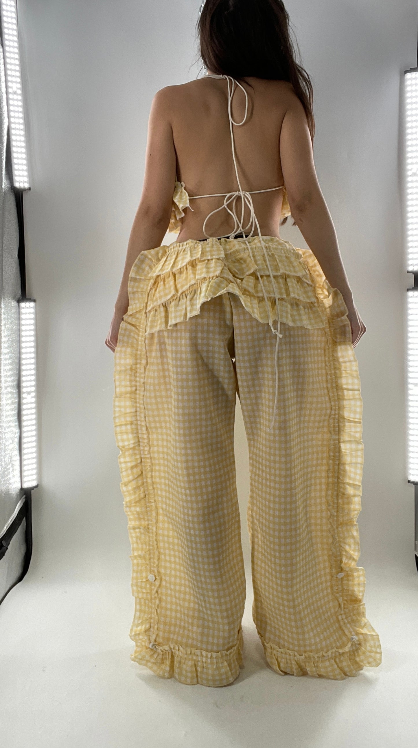 Vintage 2 Piece Yellow Checkered/Gingham Patterned Picnic Set with Ruched Bust Top and Ruffle Side Wide Legs with Adjustable Length, Strap Up Buttons on Hem (One Size)